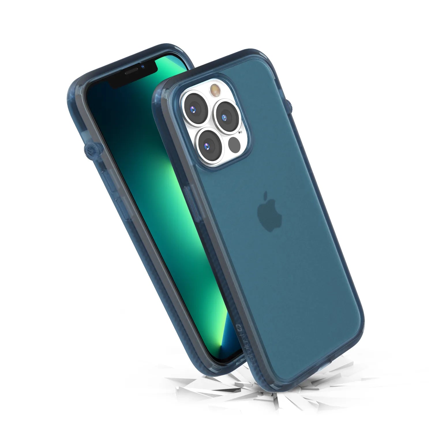 Two iPhone 13 Pro devices with Pacific Blue Catalyst Influence Cases; one shows a green-blue gradient screen, the other reveals the triple camera and Apple logo. The cases are drop proof, MIL-STD 810G tested for tough protection.