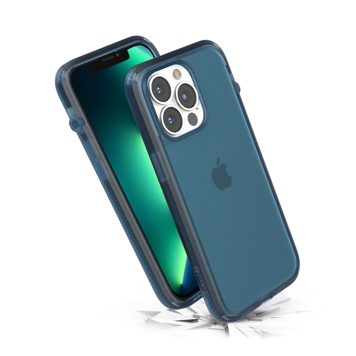 Two iPhone 13 Pro devices with Pacific Blue Catalyst Influence Cases; one shows a green-blue gradient screen, the other reveals the triple camera and Apple logo. The cases are drop proof, MIL-STD 810G tested for tough protection.