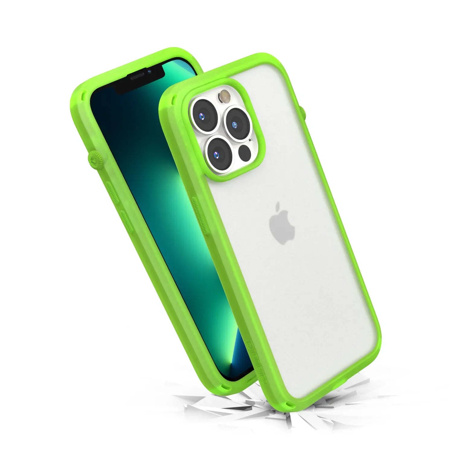 The Catalyst Case US Influence Case for iPhone 13 Pro in Neon-Glow-In-The-Dark protects your phone with Drop Proof design. The case supports wireless charging and is shown safeguarding an iPhone with a blue-green screen as it falls.