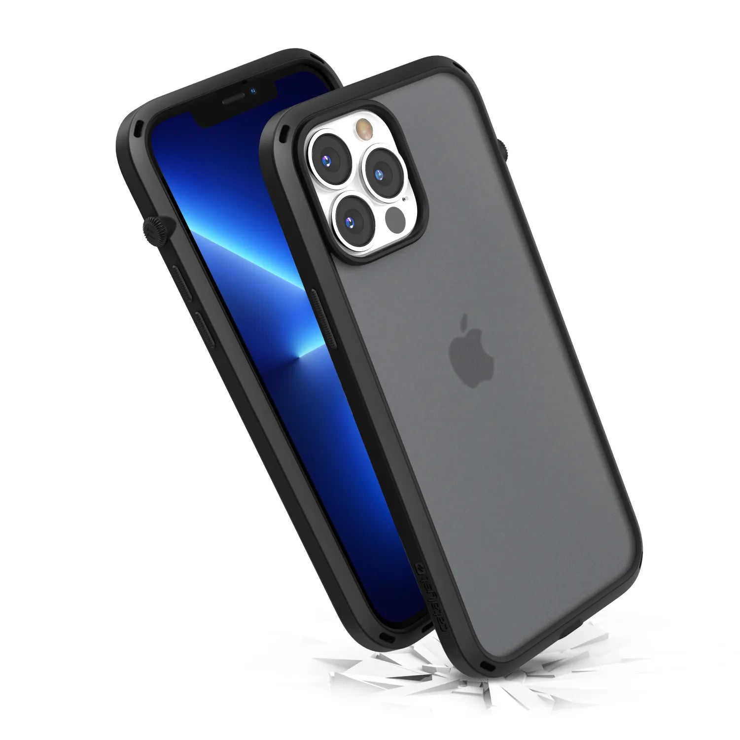 Two iPhone 13 Pro Max phones in Catalyst Case US Influence Cases, Stealth Black, are shown. The rear phone shows its cracked MIL-STD 810G drop-proof case; the front displays a blue gradient screen and visible Apple logo.