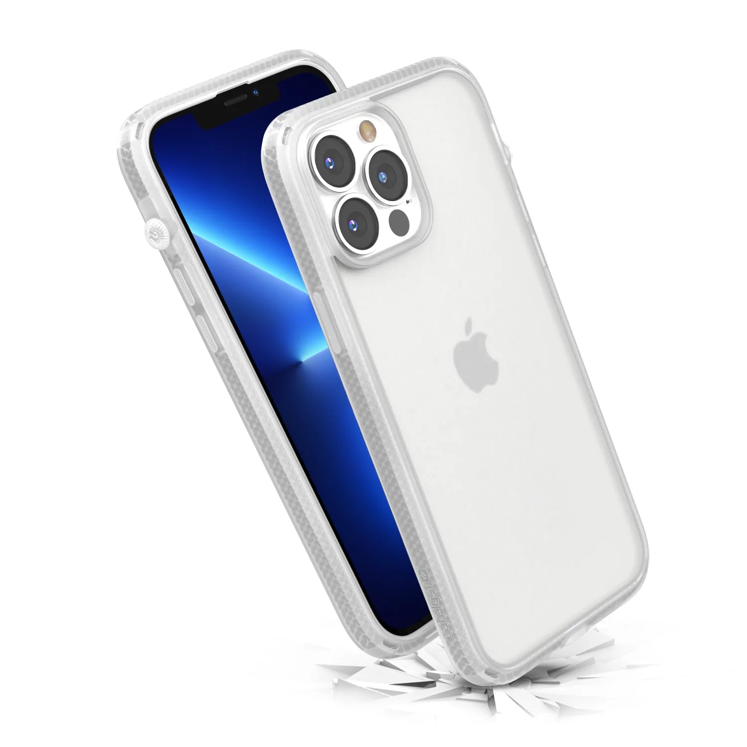 The Catalyst Case US Influence Case in clear protects the iPhone 13 Pro Max, shown here with a blue screen and triple camera, slightly tilted as its rugged, shock-absorbing case absorbs impact on a cracked surface.
