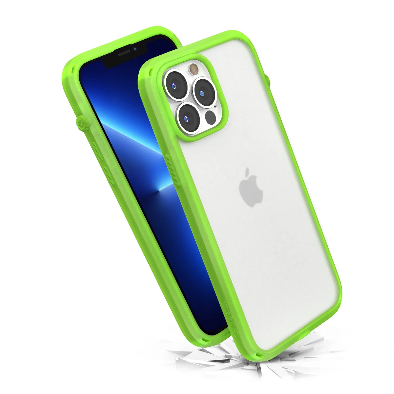 The Catalyst Case US Influence Case in Neon-Glow-In-The-Dark protects the iPhone 13 Pro Maxâ€â€ÂMIL-STD 810G drop proof. Two phones, one with a glowing blue screen and one showing its triple cameras, hover over cracks to highlight durability.