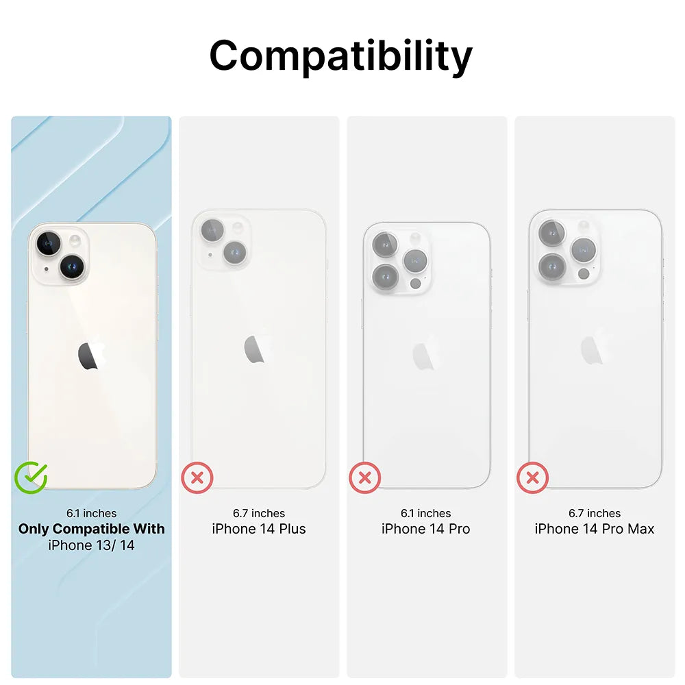 The Catalyst Case US iPhone 14 - Influence Case fits only the 6.1-inch iPhone 14/13 (highlighted on the left), not the 6.7-inch iPhone 14 Plus, 14 Pro, or Pro Max (grayed out with red X). Wireless charging supported.