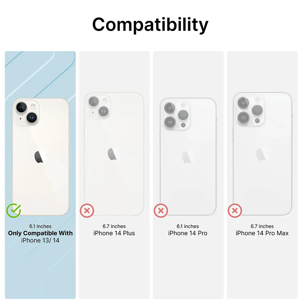 The Catalyst Case US iPhone 14 - Influence Case fits only the 6.1-inch iPhone 14/13 (highlighted on the left), not the 6.7-inch iPhone 14 Plus, 14 Pro, or Pro Max (grayed out with red X). Wireless charging supported.