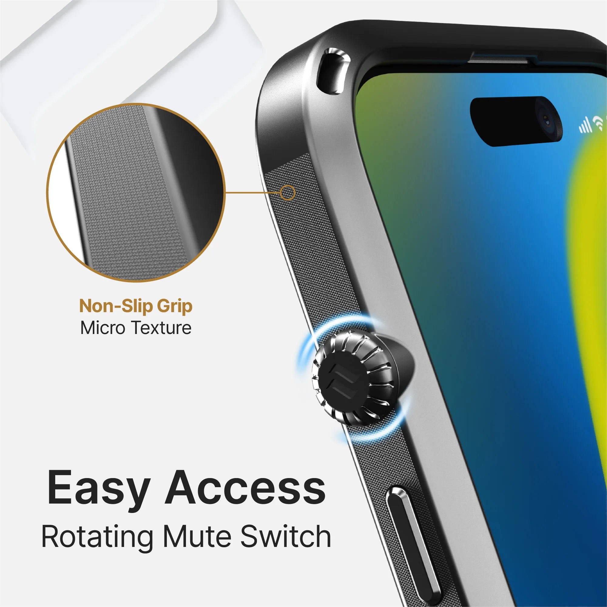 Close-up of the Catalyst Case US Influence Case for iPhone 14 Pro, showing its ridged rotating mute switch and micro-textured, non-slip grip. Drop proof design. Text: “Easy Access Rotating Mute Switch†and “Non-Slip Grip Micro Texture.â€ÂÂ.