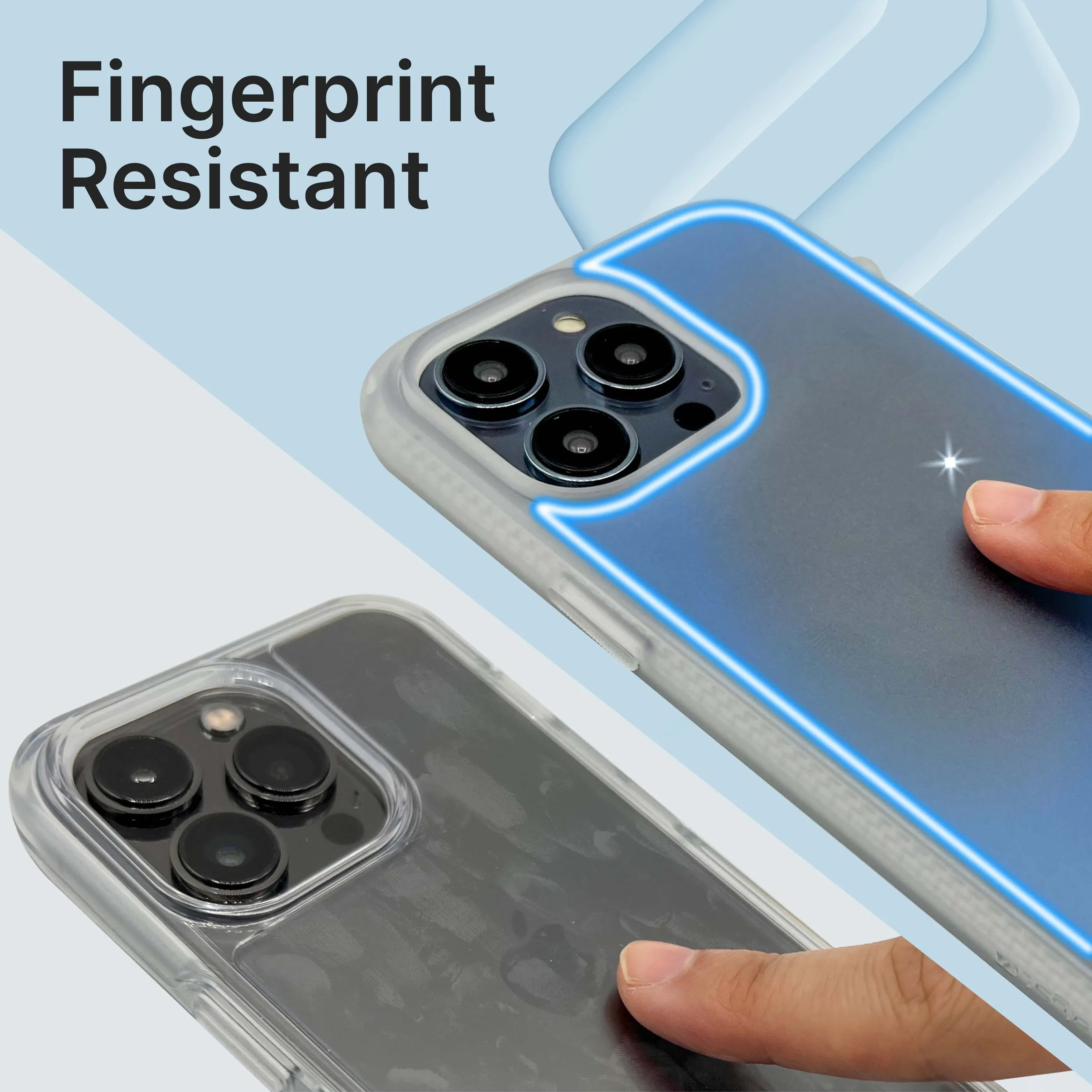 Two iPhone 14 Pro devices are shown. One has a clear case with fingerprint smudges, while the other, highlighted in blue and labeled "Fingerprint Resistant," features a clean, drop-proof Catalyst Case US Influence Case being touched.