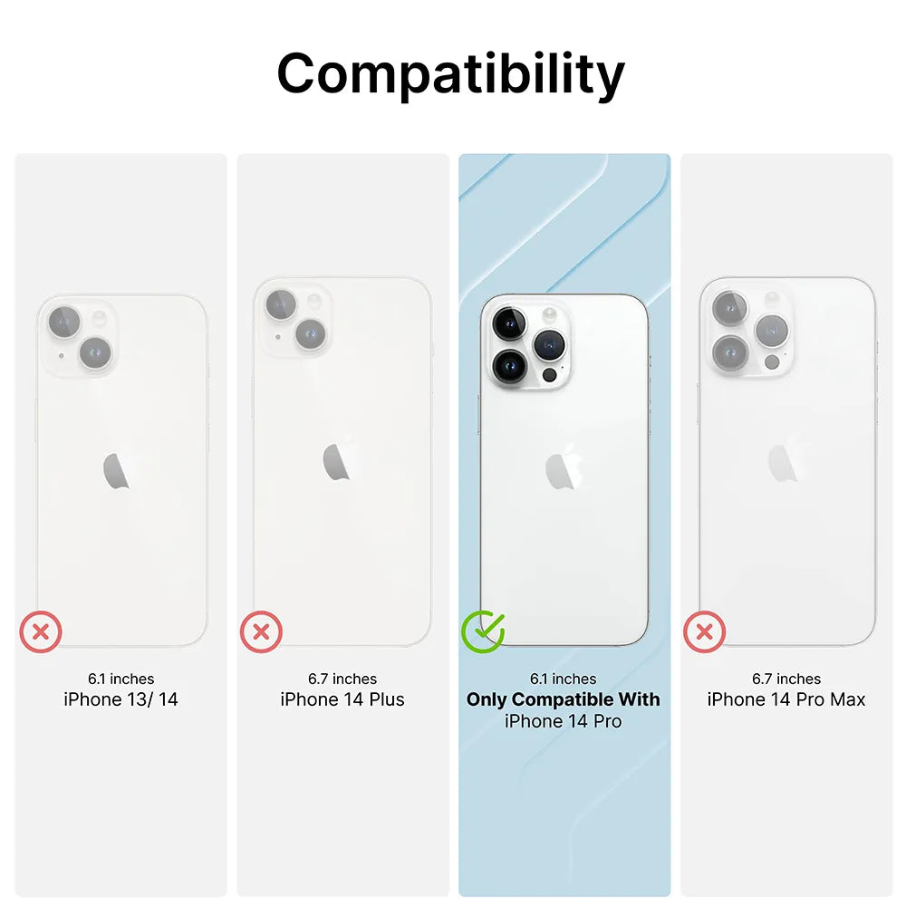 Only the iPhone 14 Pro (6.1") is compatible with the Catalyst Case US Influence Case; other models like iPhone 13/14, 14 Plus, and 14 Pro Max are not supported for this MIL-STD 810G drop-proof case.