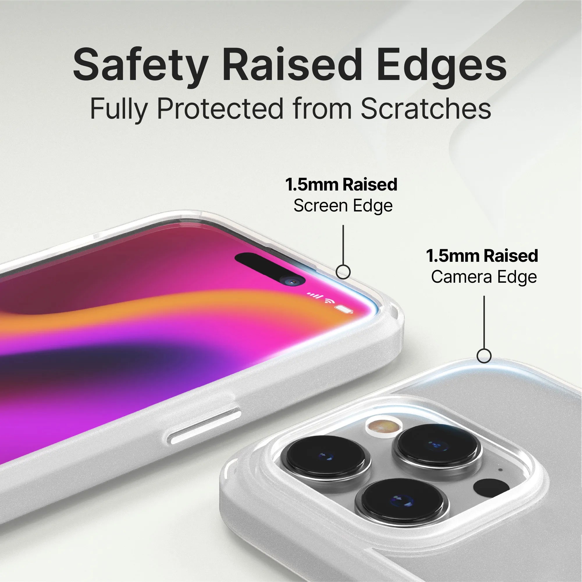 A close-up of the iPhone 14 Pro in the Catalyst Case US Influence Case shows 1.5mm raised edges around the screen and camera. Text reads "Safety Raised Edges, Fully Protected from Scratches & Drop Proof.