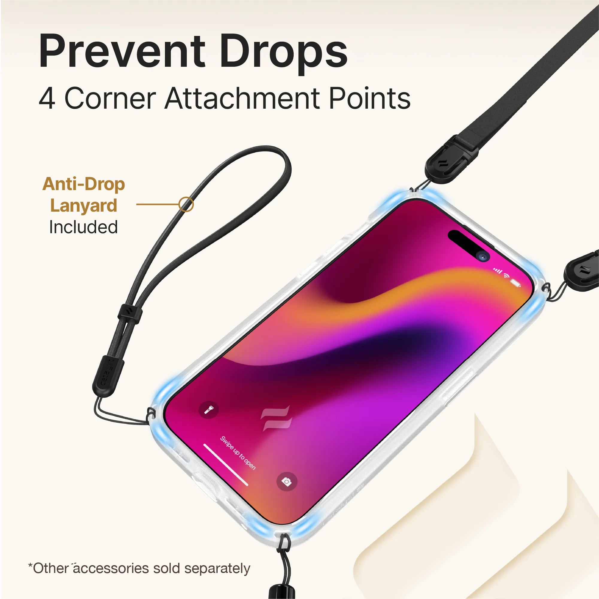 The Catalyst Case US iPhone 14 Pro - Influence Case is shown in clear, with a vibrant display and black anti-drop lanyard attached at all four corners. MIL-STD 810G Drop Proof. Text: "Prevent Drops - Anti-Drop Lanyard Included.