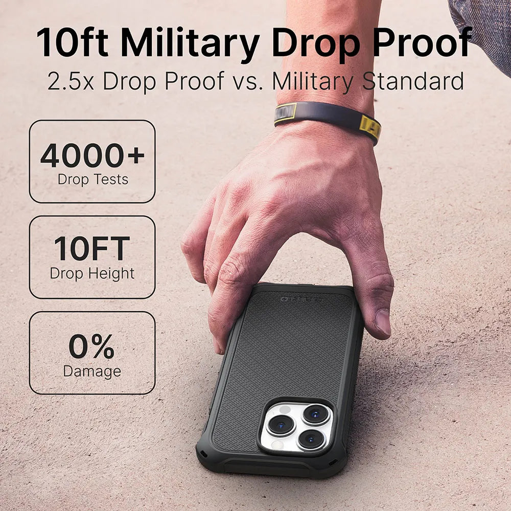 A hand holds an iPhone 14 Pro Max in a rugged black Catalyst Case US Crux Case (MagSafe compatible) on concrete. Text: “10ft MIL-STD 810G Drop Proof, 2.5x Military Standard, 4000+ Drops, Wireless Charging Compatible.â€ÂÂ.