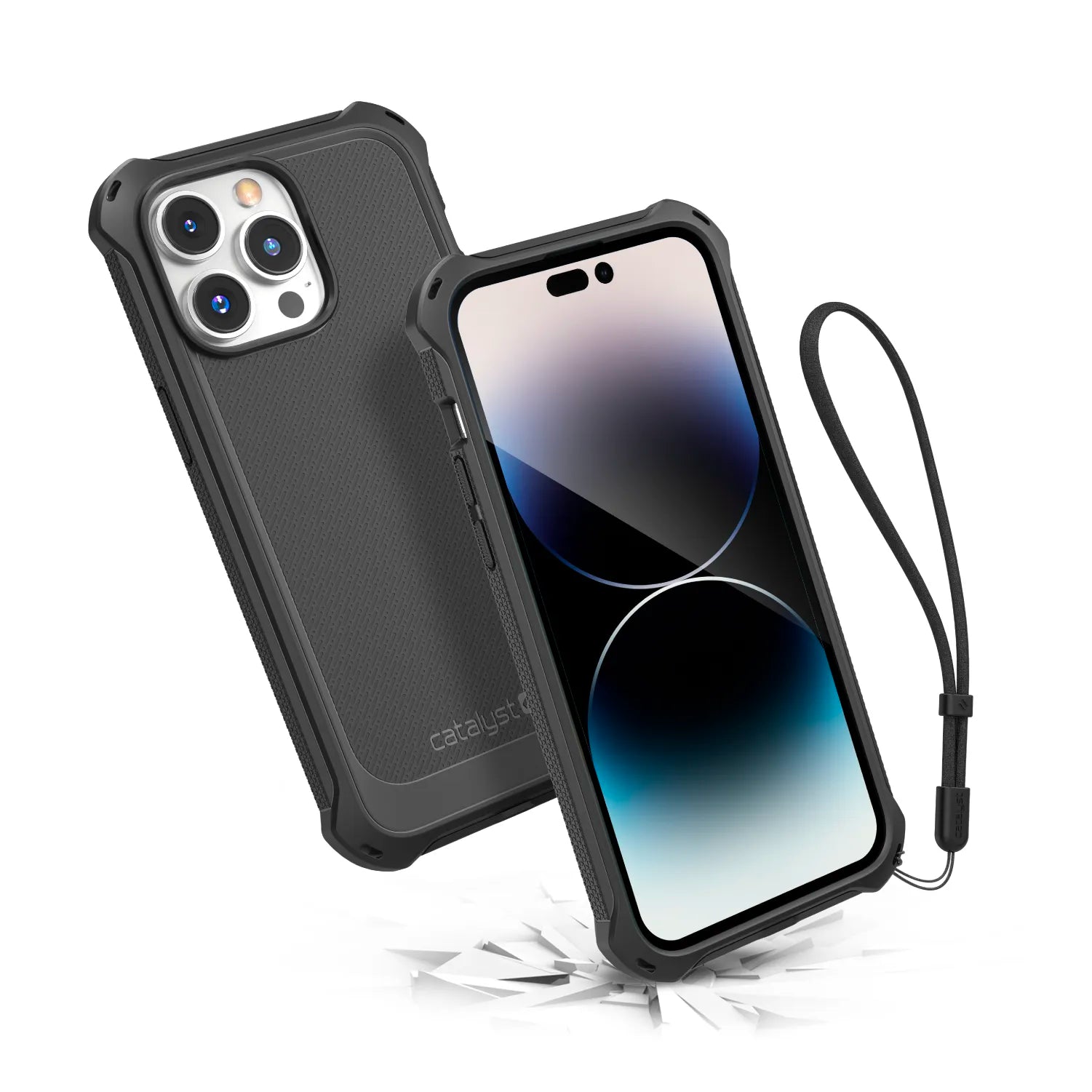 Two iPhone 14 Pro Max smartphones in Catalyst Case US Crux Cases (Stealth Black, Magsafe Compatible) are shownâ€â€Âone displays three rear cameras; the other with a black wrist strap bounces on a cracked surface, proving its drop-proof protection.