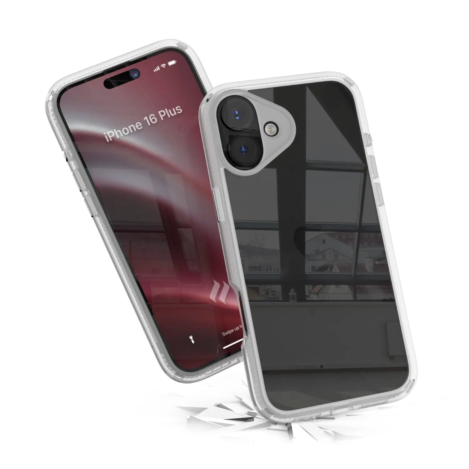Two Catalyst Case US iPhone 16 Plus - Influence Cases are shown above shattered glass, one displaying "iPhone 16 Plus" and the other its dual diagonal cameras, highlighting drop protection with large windows in the background.