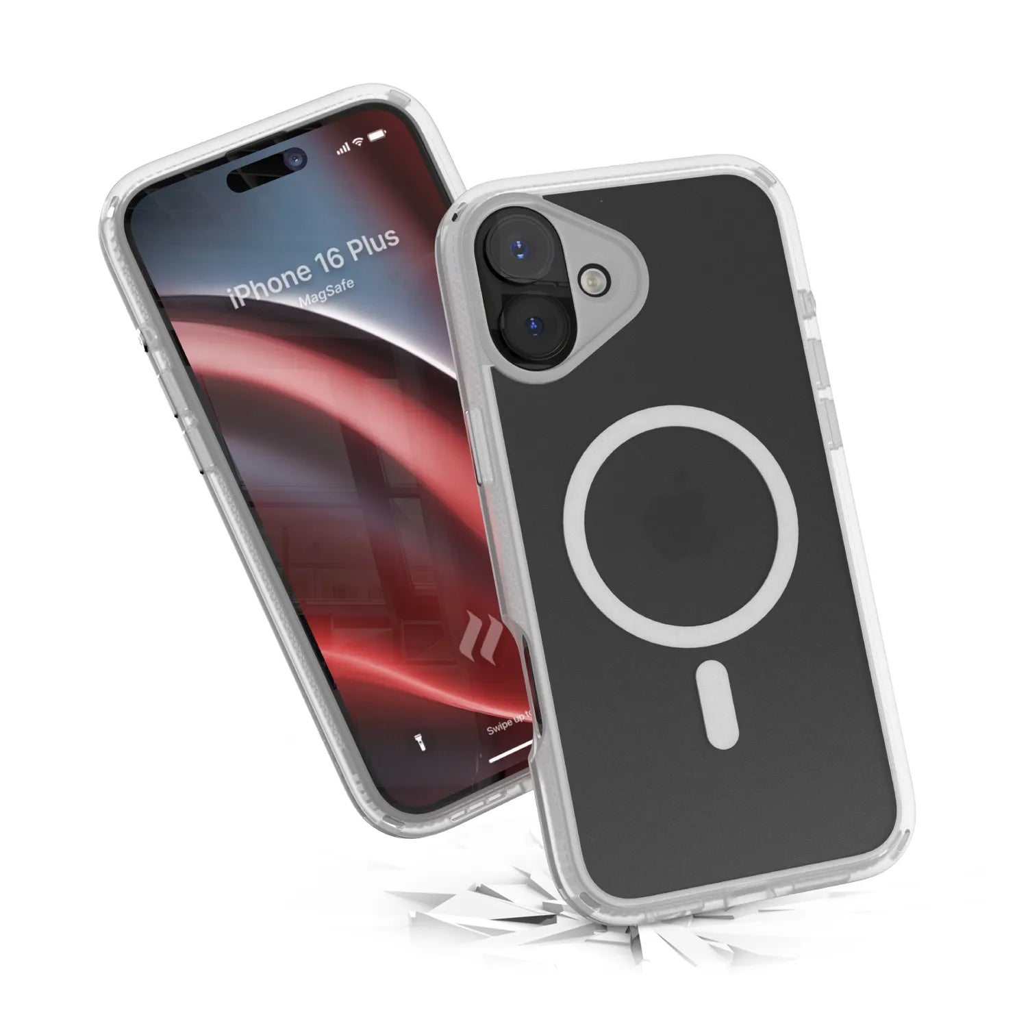 Two Catalyst Case US iPhone 16 Plus phones in Clear Influence MagSafe Compatible cases are shownâ€â€Âone displays the lock screen, the other shows the back with MagSafe and Apple logo. The front phone appears to have bounced, with small shards underneath.