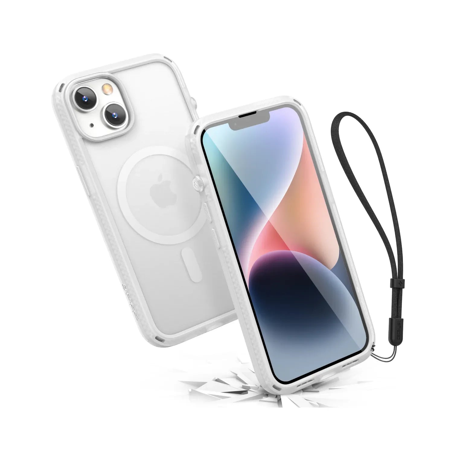The Catalyst Case US Influence Case for iPhone 14 Plus, shown in clear with MagSafe compatibility and a black wrist strap, protects the device while revealing its Apple logo and dual cameras through the transparent back.