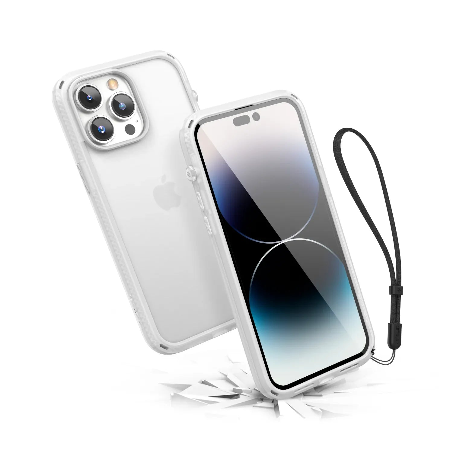 Two iPhone 14 Pro smartphones in Catalyst Case US Influence transparent white casesâ€â€Âone displays a minimal blue screen, the other highlights triple lenses. A black wrist strap is attached, showcasing MIL-STD 810G drop proof protection on impact.