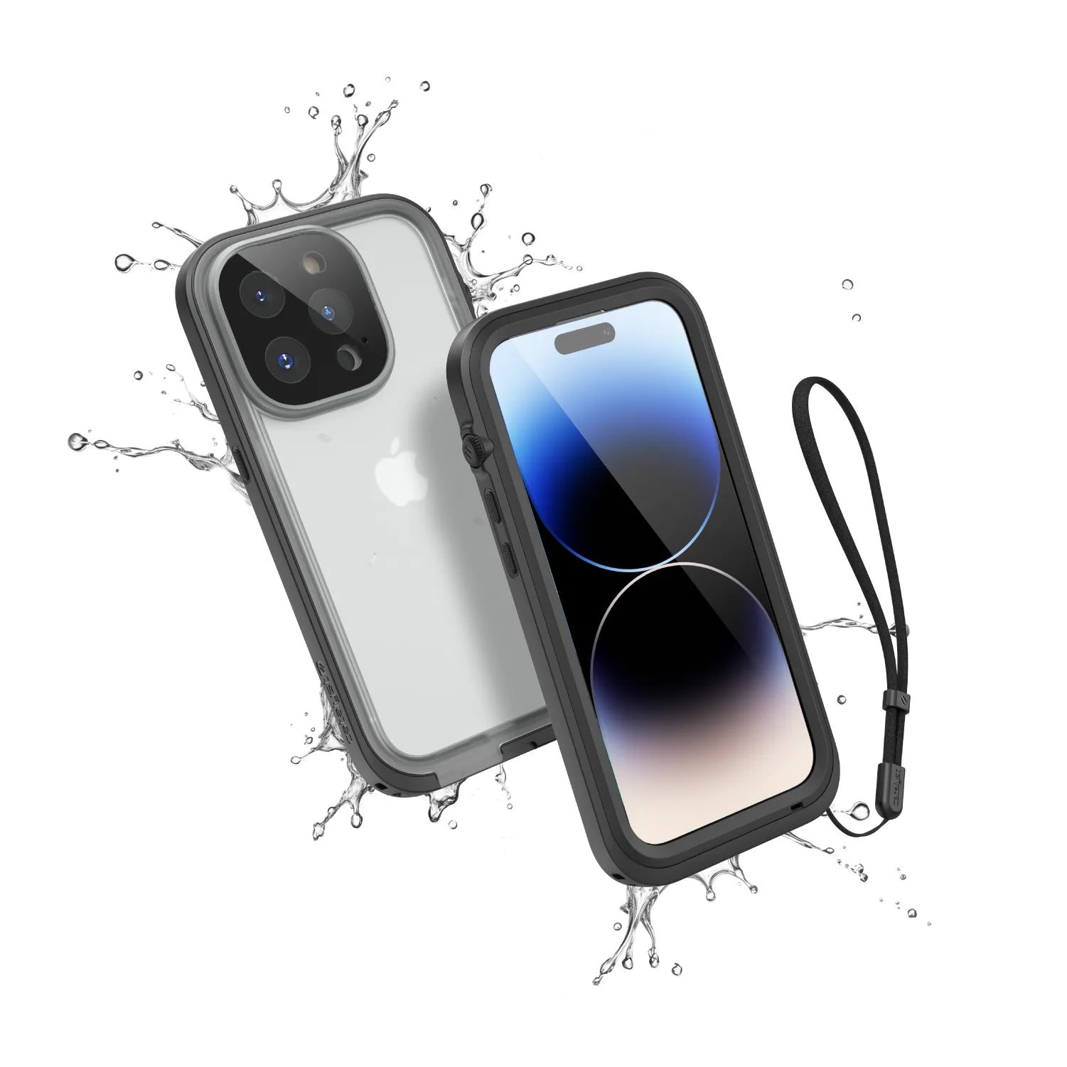 The Catalyst Case US iPhone 14 Pro - Waterproof Case in Stealth Black is shown with water splashes on a white background, displaying both front and camera views. Each case includes a wrist strap for added security and highlights total protection.