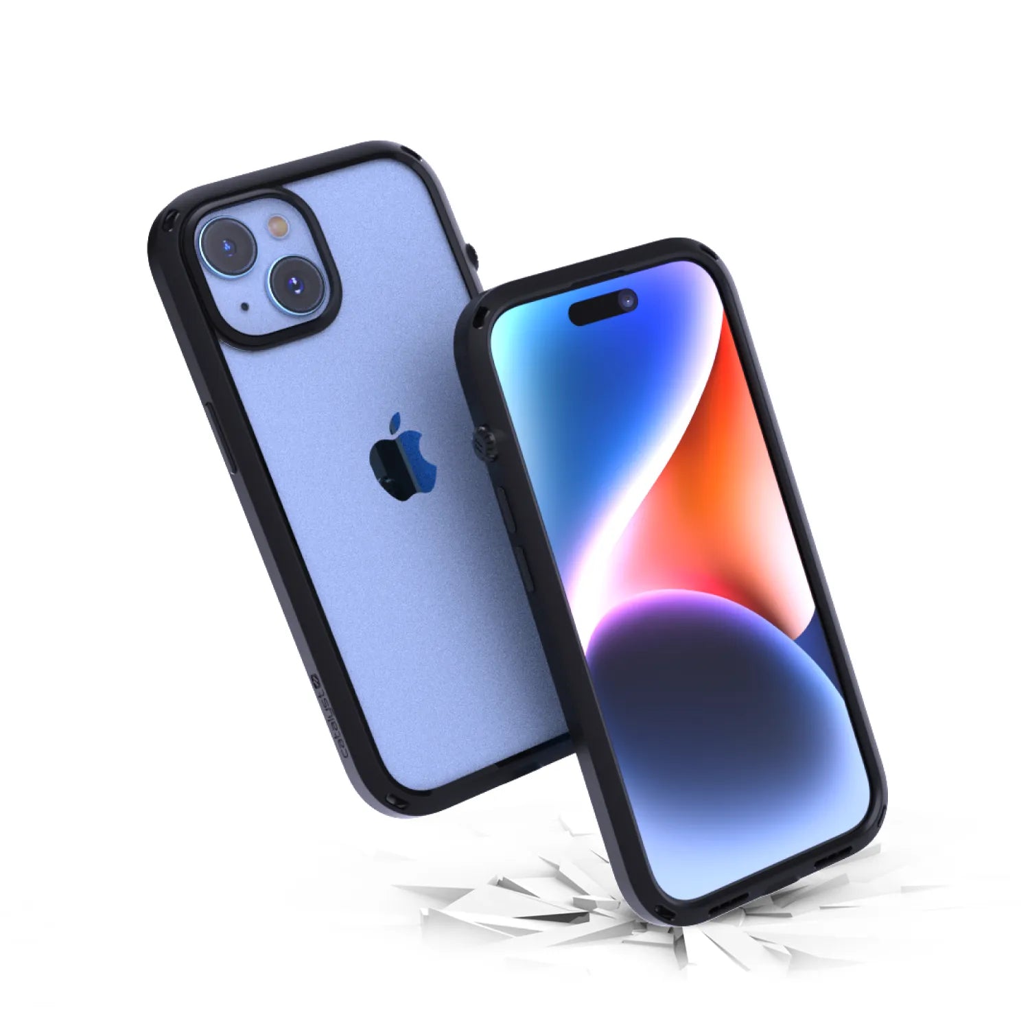 Two iPhone 15s with Catalyst Case US Influence Cases in Midnight Black are shownâ€â€Âone with a colorful screen, the other showing the blue back and Apple logo. Both appear to drop, highlighting MIL-STD 810G drop-proof protection.