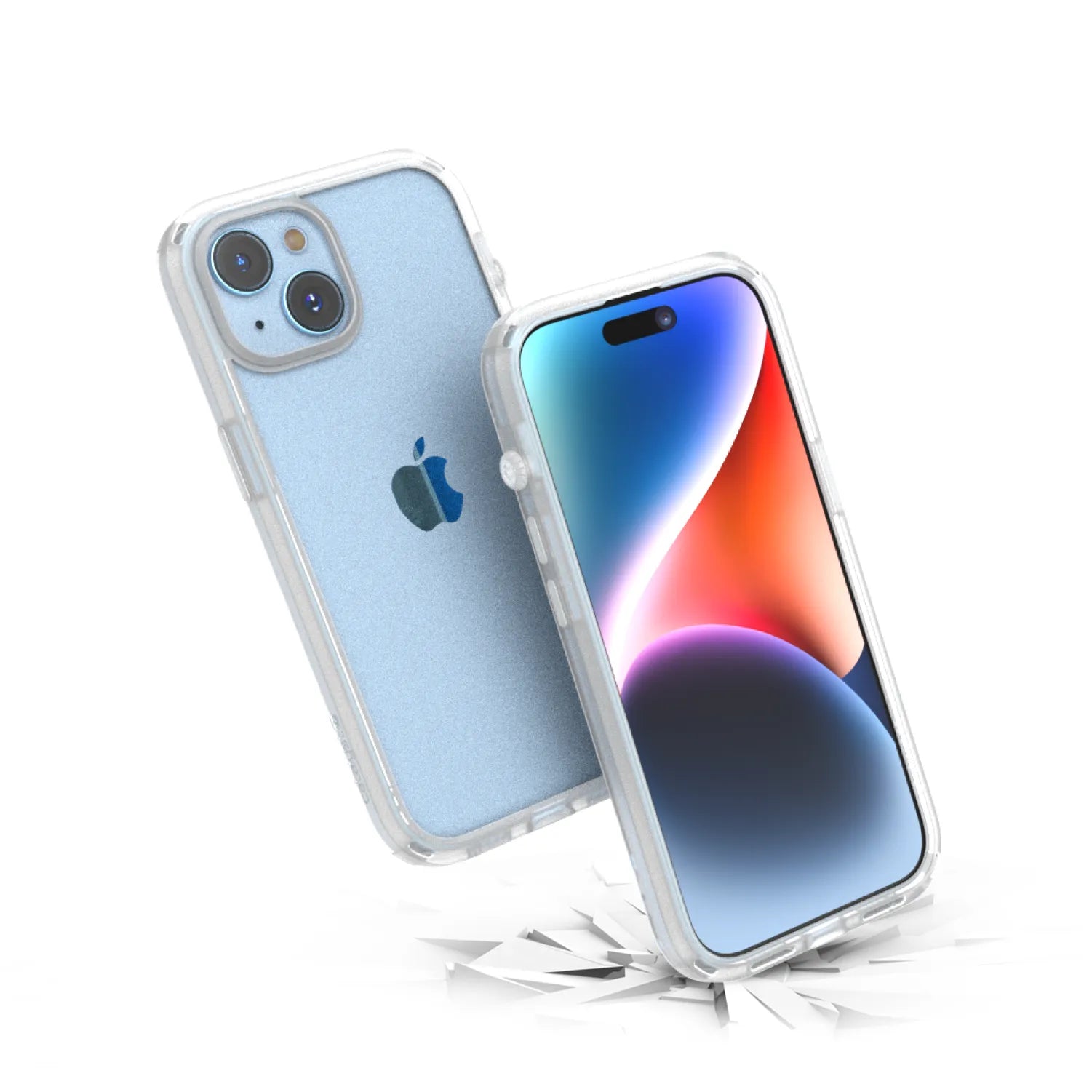 Two iPhone 15 devices in Catalyst Case US Influence Cases (Clear) are shownâ€â€Âone with a vibrant screen, the other with the Apple logo and dual cameras. The front phone is pictured mid-drop, emphasizing MIL-STD 810G drop proof protection.
