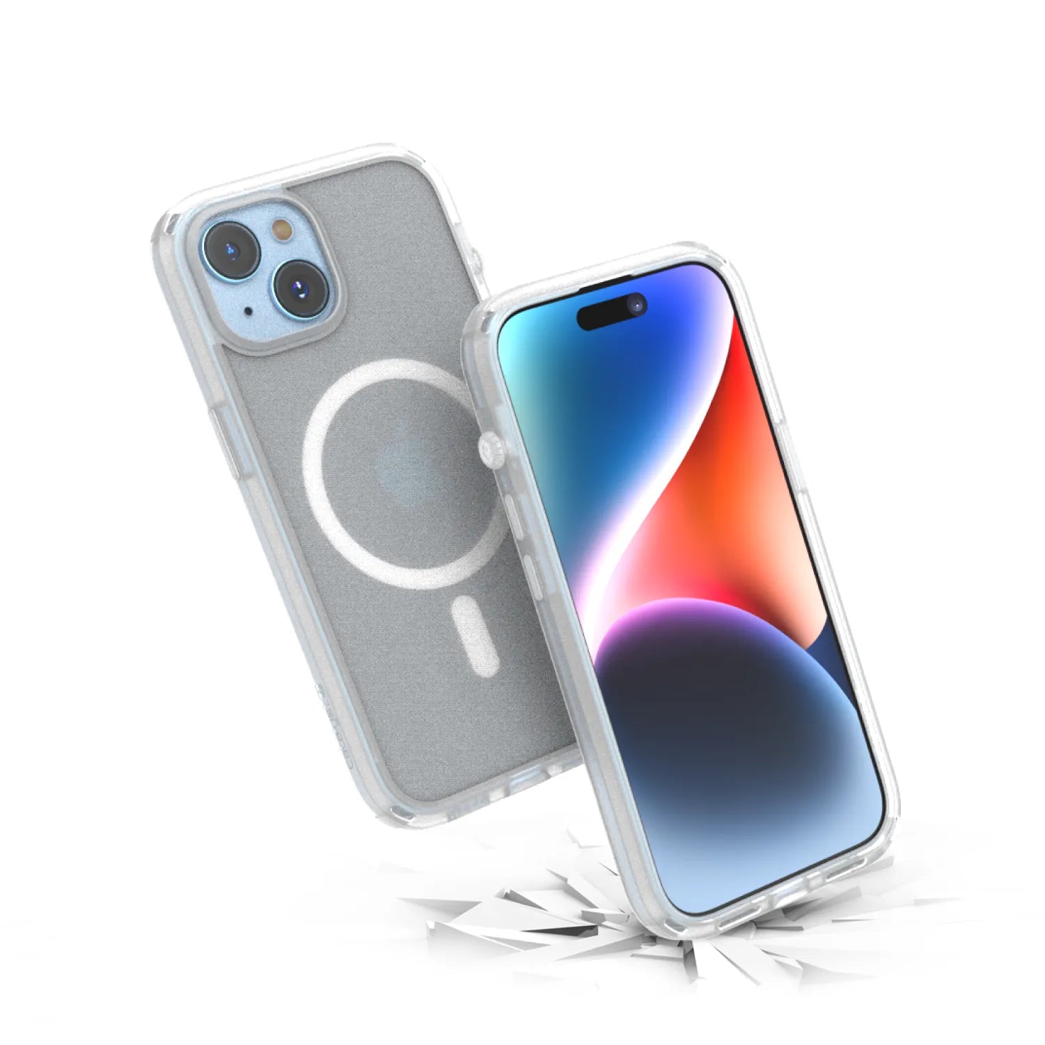 Two iPhone 15 devices in Catalyst Case US Influence Cases (MagSafe Compatible) are displayedâ€â€Âone highlights MagSafe charging, while both bounce above a cracked white surface, showcasing the cases’ drop-proof durability.