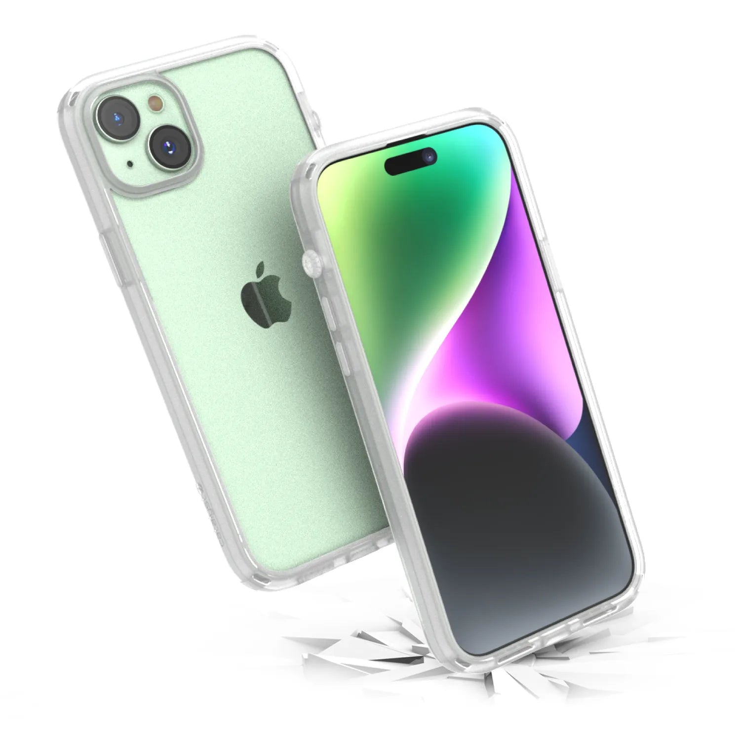 Two iPhone 15 Plus phones in Catalyst Case US Influence Cases (Clear) are shown; one features a vibrant screen, the other reveals the light green Apple logo. The front phone lands on cracked ground, proving its drop-proof protection.