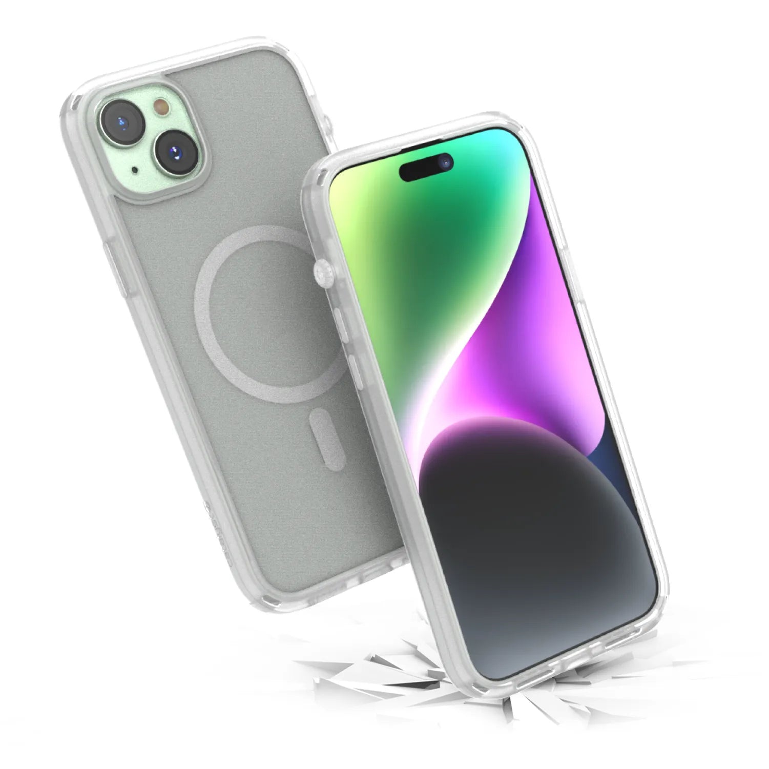 Two iPhone 15 Plus devices in Catalyst Influence Clear Cases are shown; one, MIL-STD 810G Drop Proof and MagSafe compatible, displays a vibrant screen landing on cracked ground, while the other shows a light green back with dual cameras.
