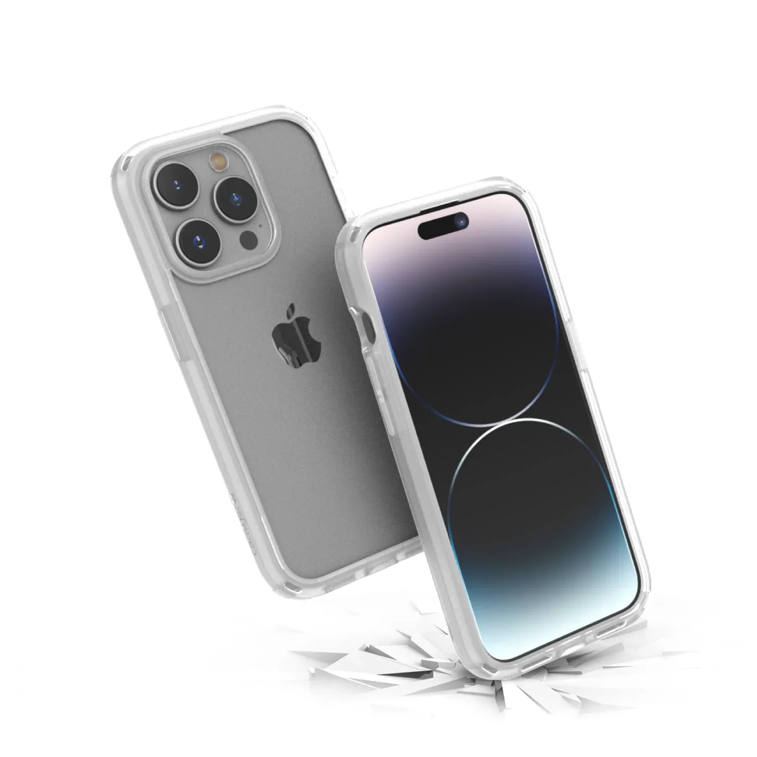 Two iPhone 15 Pro devices in Catalyst Case US Influence Cases (Clear) are shownâ€â€Âone upright displaying its screen, the other highlighting three cameras and the Apple logo while resting on a cracked surface to showcase drop proof and wireless charging features.