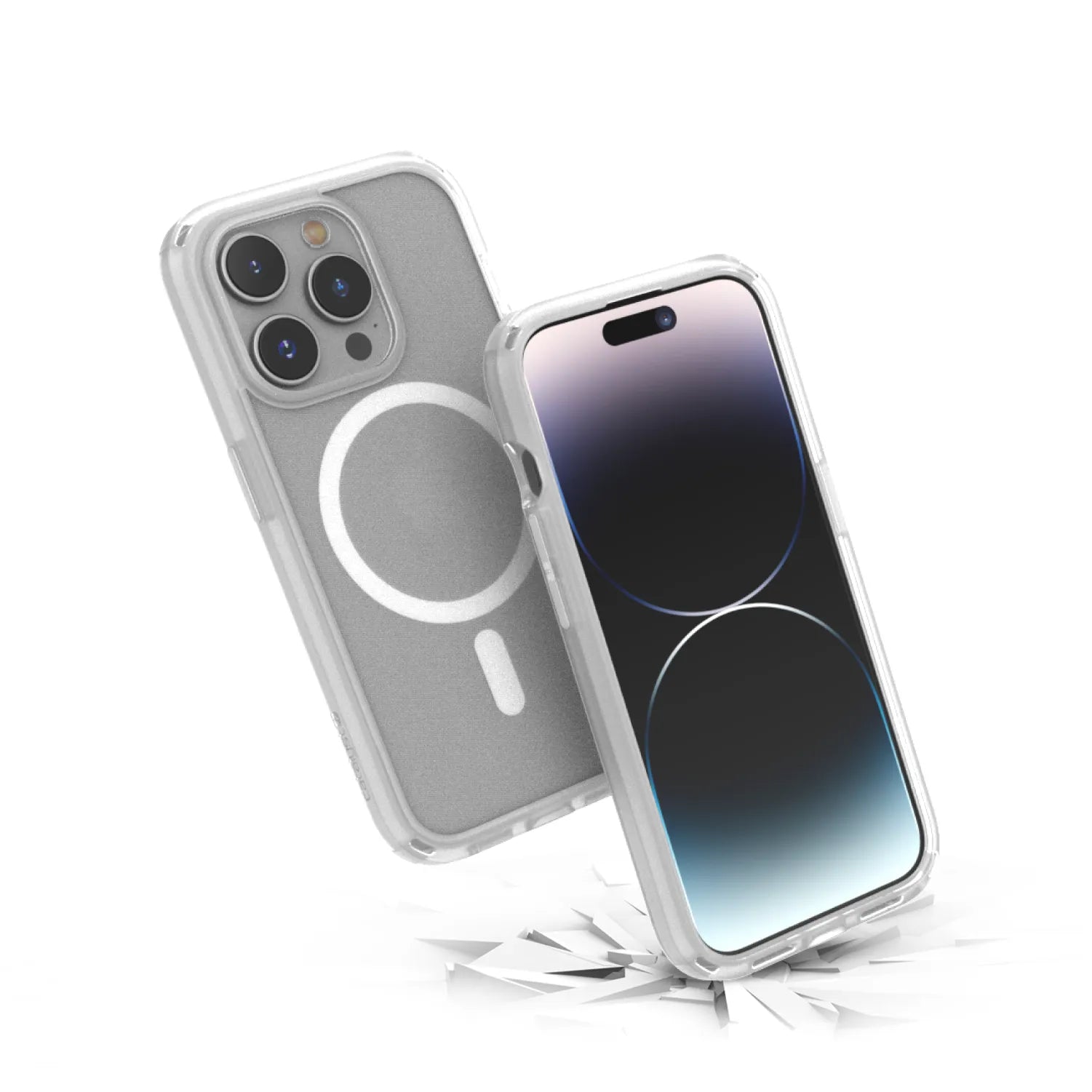 Two iPhone 15 Pro devices with Catalyst Case US Influence Case in Clear are shown; one upright displaying the screen, the other shows its MagSafe-compatible back. The right phone lands on a shattered surface, emphasizing Drop Proof protection.