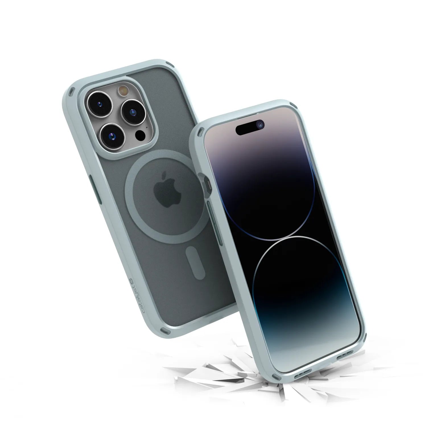 Two iPhone 15 Pro devices in Catalyst Case US's Sage Green Influence Case (MagSafe compatible) are shownâ€â€Âone facedown and one uprightâ€â€Âappearing to bounce off a cracked surface, showcasing their MIL-STD 810G drop-proof protection.