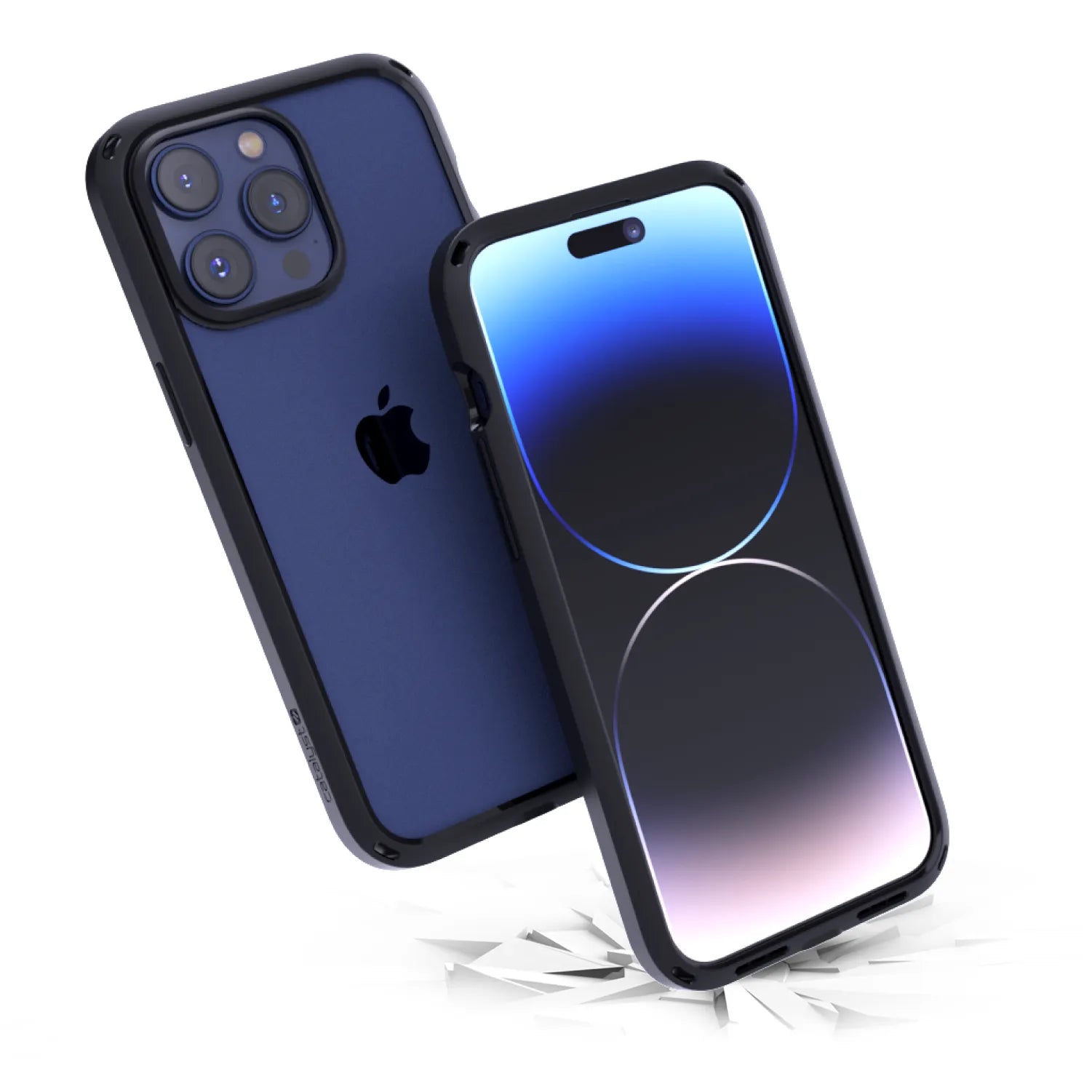 Two iPhone 15 Pro Max phones in Catalyst Case US Influence Cases, Midnight Black. One shows the triple camera and Apple logo; the other displays a blue-purple gradient screen. Both rest above cracked white surface, emphasizing their drop-proof design.