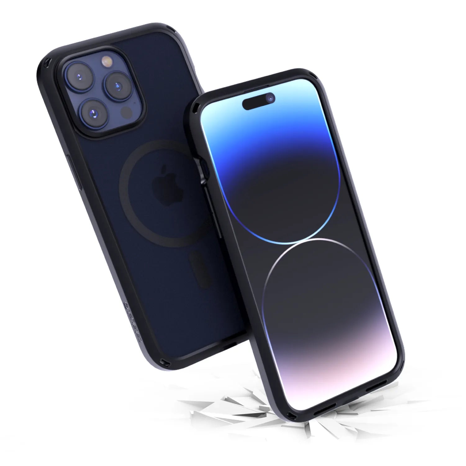 Two Stealth Black Catalyst Case US iPhone 15 Pro Max phones in Influence Cases (MagSafe Compatible): one with a vibrant abstract wallpaper, the other showing three cameras and Apple logo, appear to drop onto a white surface with cracks forming below.