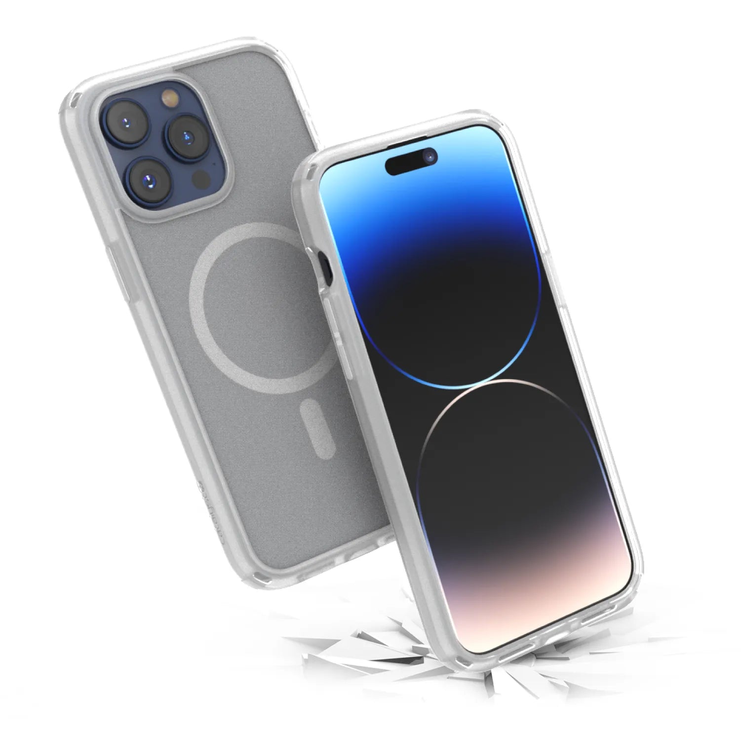 Two iPhone 15 Pro Max devices in Catalyst Case US Influence Cases (Clear) are shownâ€â€Âone upright with a blue-black screen, the other on shattered glass to highlight Drop Proof durability and MagSafe compatibility.