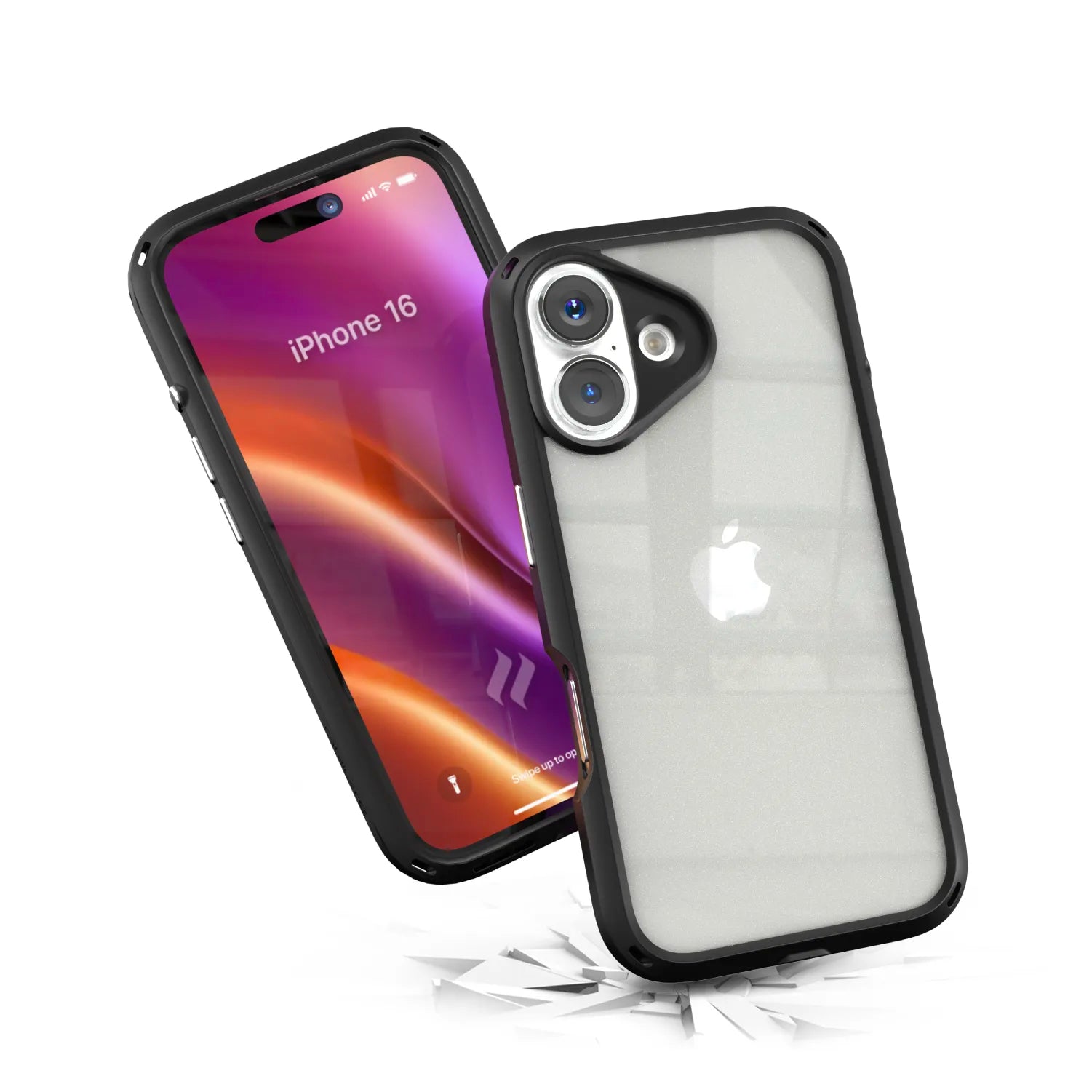 Two iPhone 16 smartphones in Catalyst Case US Influence casesâ€â€Âone shows a vivid screen with "iPhone 16," the other reveals the frosted back. Both seem to fall onto glass shards, showcasing drop-proof MIL-STD 810G and wireless charging compatibility.