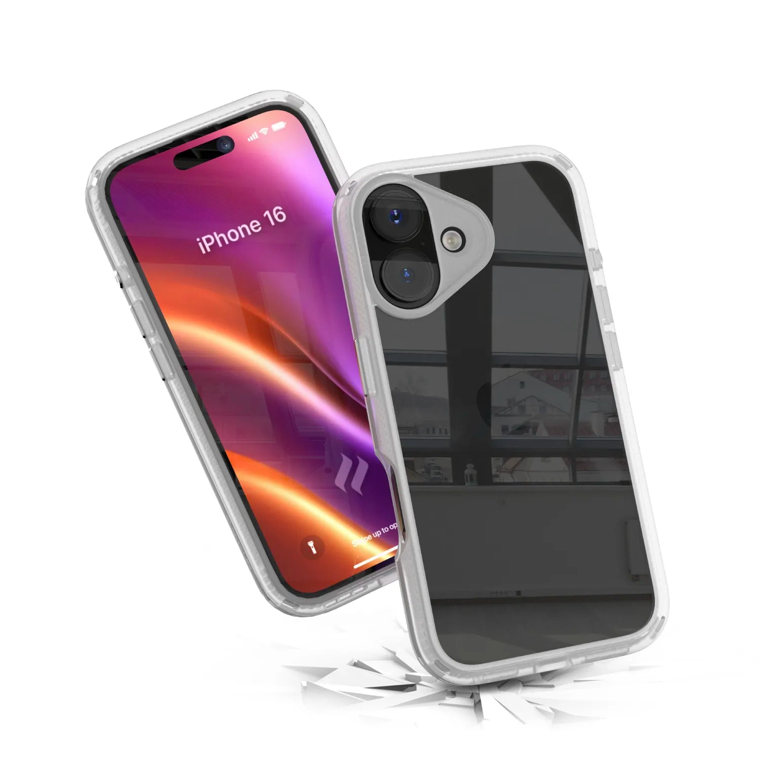Two iPhone 16 devices in Catalyst Case US Influence Cases: one shows a vibrant lock screen, the other reveals dual camera lenses. Both float over cracked ground, highlighting MIL-STD 810G drop protection and wireless charging support.