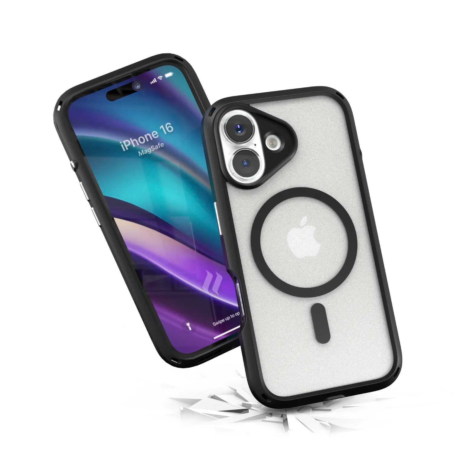 Two Catalyst Case US Total Protection Cases in black are shown: one displays the iPhone 16 screen with abstract graphics, the other shows the back with a MagSafe ring and Apple logo as they appear to be falling, cracking the surface below.