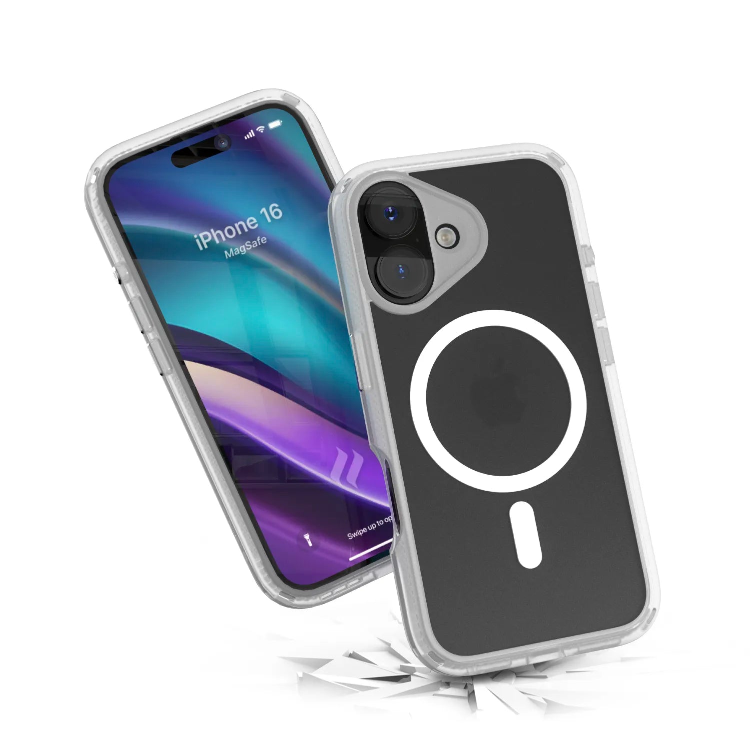 Two iPhone 16 devices in Catalyst Case US Influence Cases (MagSafe compatible) are shownâ€â€Âone displays the home screen, the other reveals the MagSafe ring. Both hover over a cracked surface, highlighting the cases' protective power.