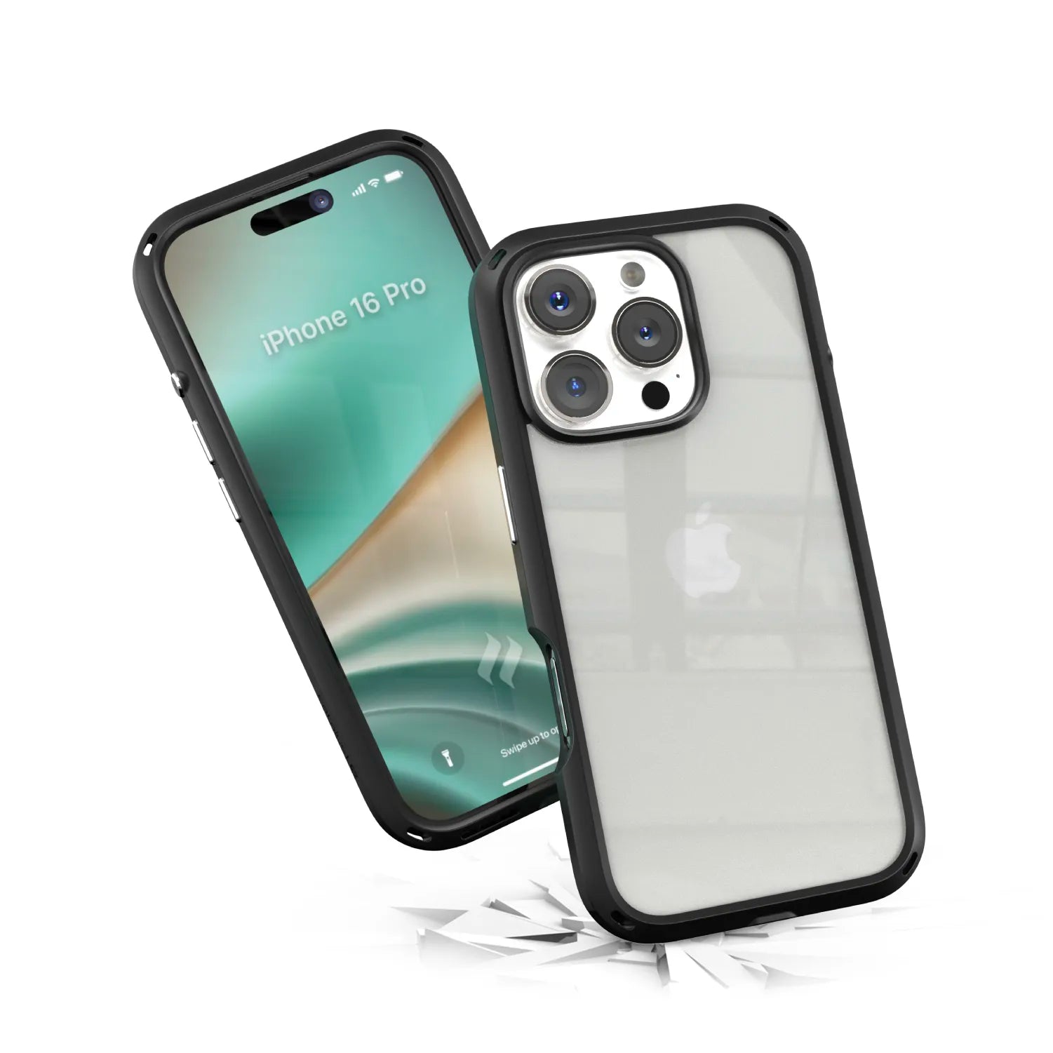 Two iPhone 16 Pro devices in Catalyst Case US Influence Casesâ€â€Âdrop proof and MIL-STD 810G compliant. One displays a gradient wallpaper, the other shows triple cameras. Both sit on shattered white, emphasizing durability and style.