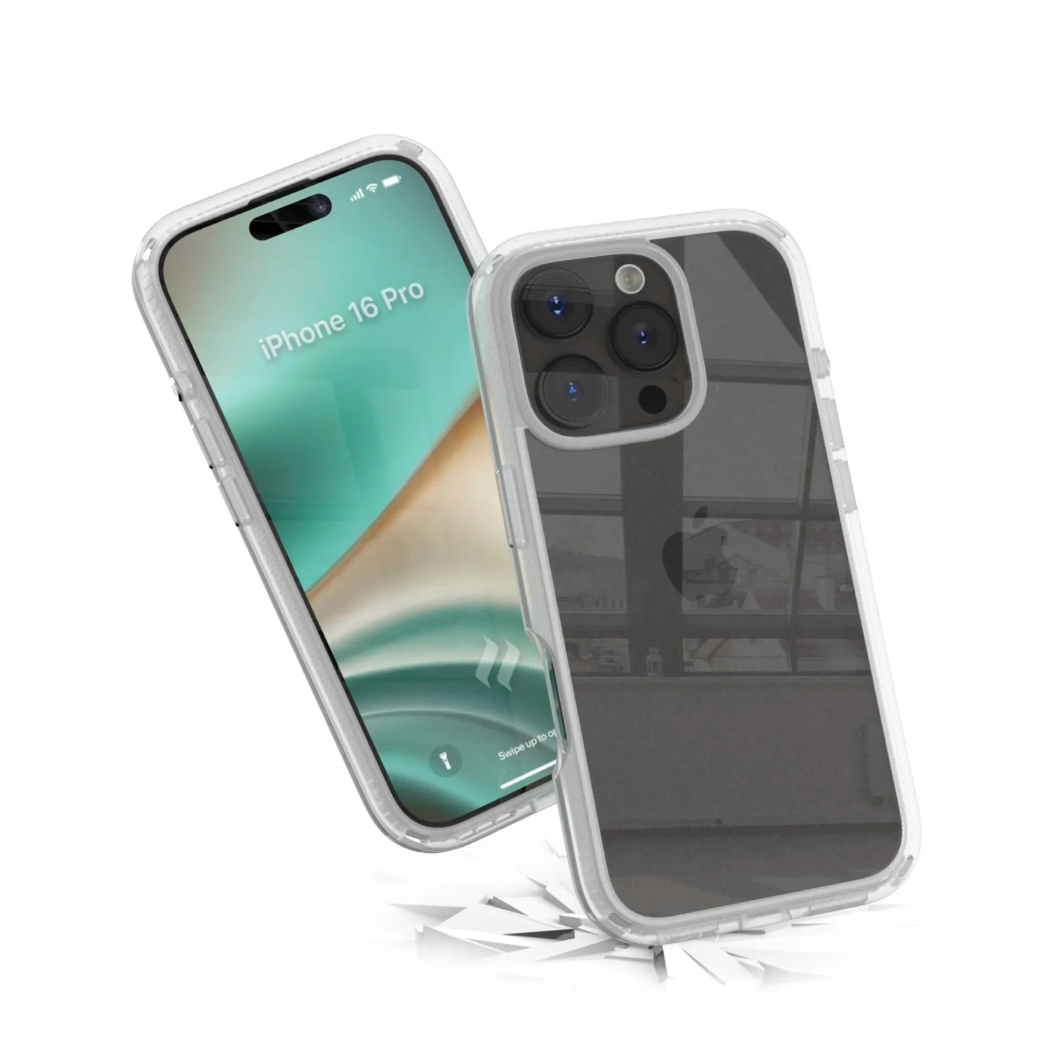 Two Catalyst Case US iPhone 16 Pro smartphones with Influence Cases; one reveals the home screen, the other showcases the back camera as it bounces off shattered glass. Both cases are clear and drop proof, set against a plain white background.