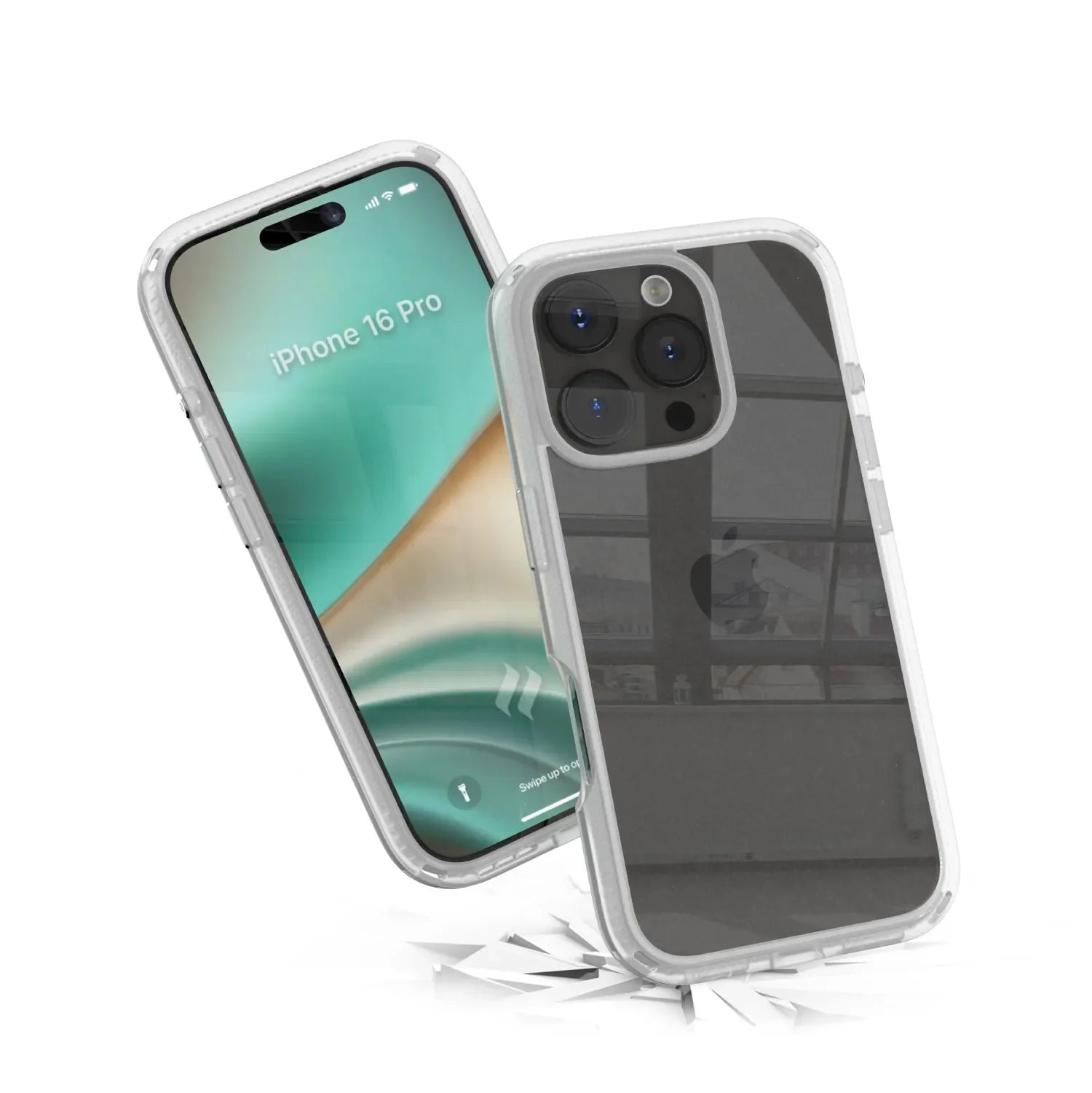 Two Catalyst Case US iPhone 16 Pro smartphones with Influence Cases; one reveals the home screen, the other showcases the back camera as it bounces off shattered glass. Both cases are clear and drop proof, set against a plain white background.