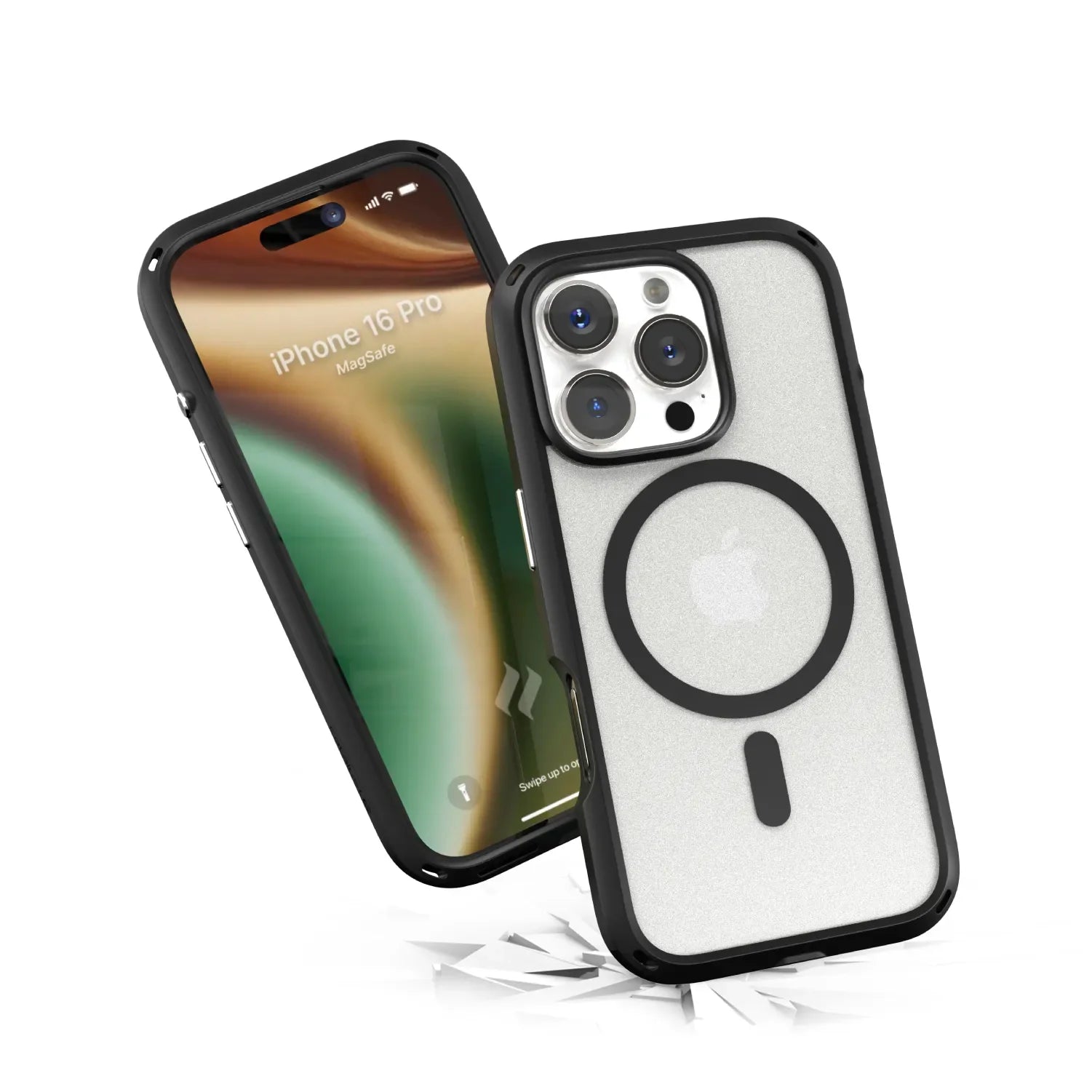 Two iPhone 16 Pro devices with Catalyst Case US Influence Cases (MagSafe compatible) are shownâ€â€Âone displays the home screen, the other reveals triple cameras, Apple logo, and MagSafe ring. Broken glass below highlights drop protection.