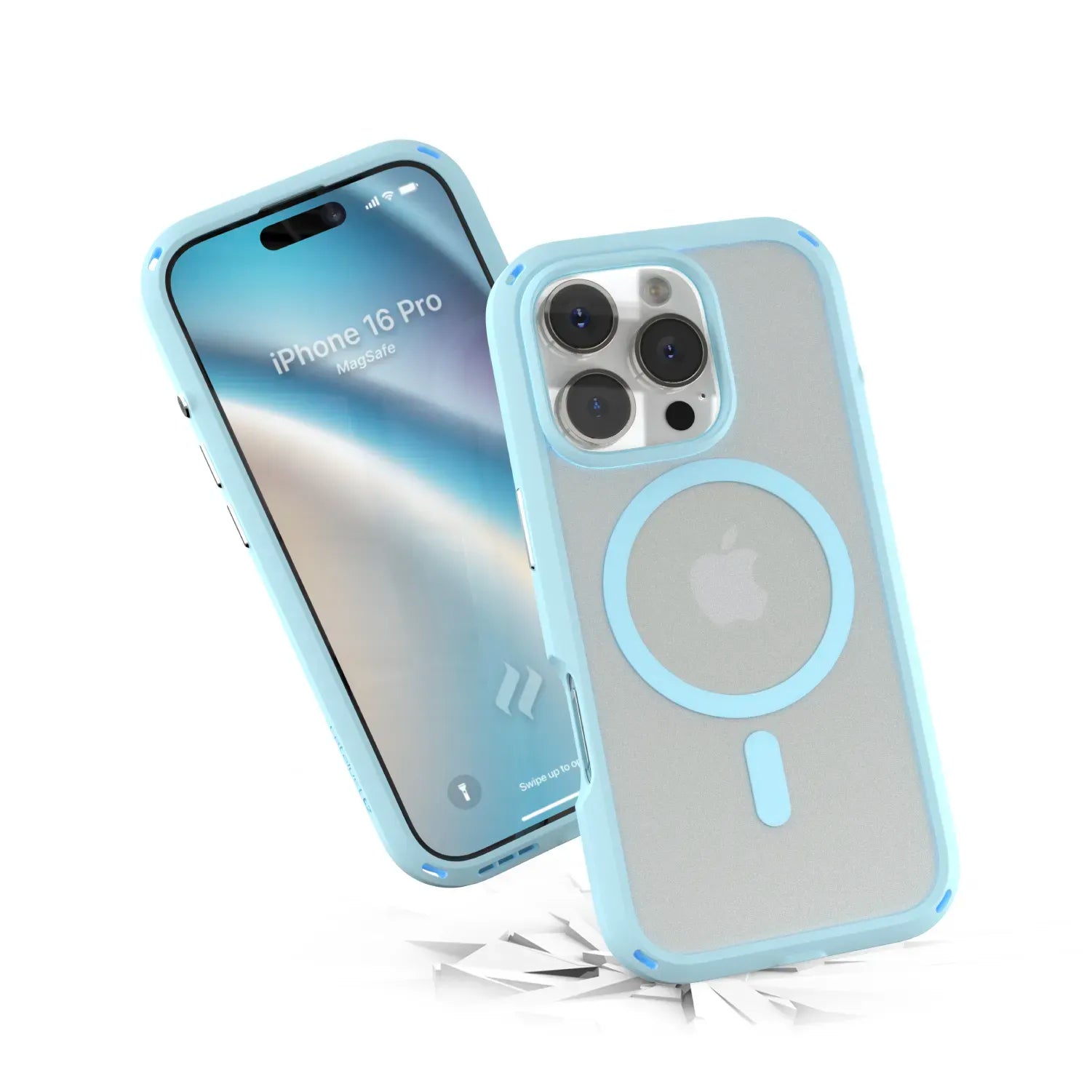Two iPhone 16 Pro devices are featured: one with the lock screen and one showing a Catalyst Case US Influence Case, MagSafe compatible, with a blue rim. Cracks around the case highlight its drop protection features.