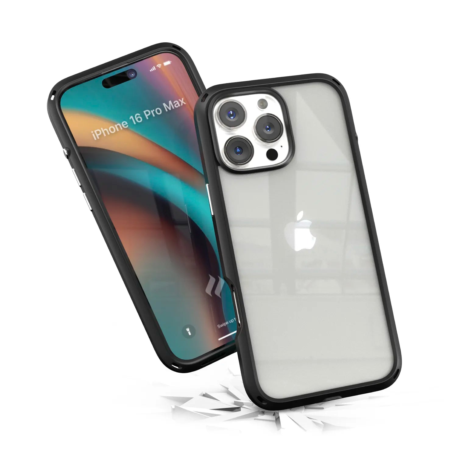 Two iPhone 16 Pro Max phones in black Catalyst Case US Influence Cases, one front-facing and one showing the triple camera and Apple logo, appear to drop, demonstrating MIL-STD 810G drop protection as cracks form below.
