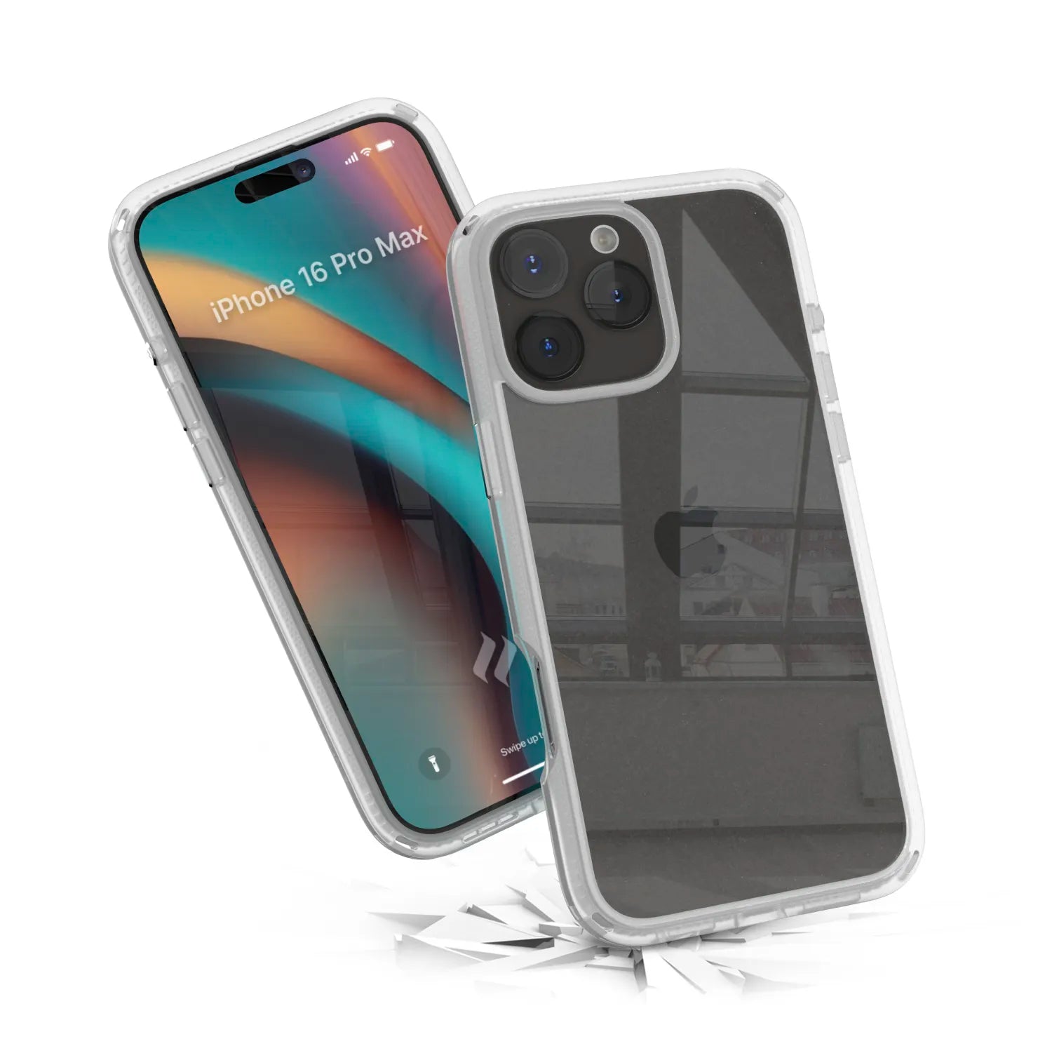 Two Catalyst Case US iPhone 16 Pro Max Influence Cases are displayed, one with a vibrant screen and the other showing triple cameras. Both rest on shattered glass, showcasing Drop Proof protection and Wireless Charging support.