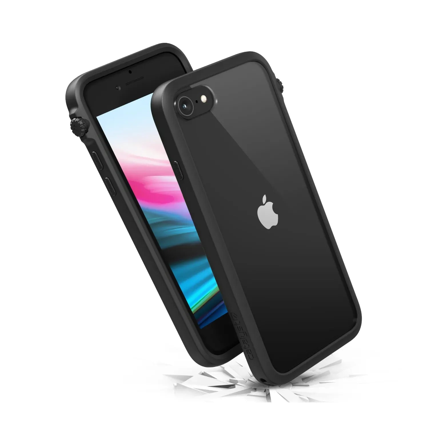 The Catalyst Case US Impact Protection Case for iPhone SE (Gen 3/2), 8, and 7 is shown in black from front and back on cracked white ground, highlighting its drop-proof MIL-STD 810G-certified protection.
