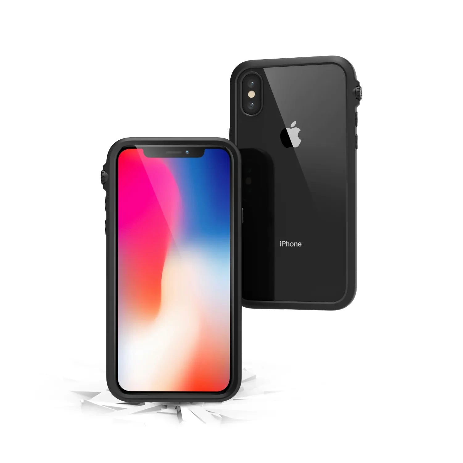 Two black iPhone X / Xs devices with Catalyst Case US Impact Protection Cases are shownâ€â€Âone displays a vibrant screen, the other reveals the Apple logo and dual cameras. Cracks below emphasize drop-proof protection for peace of mind.