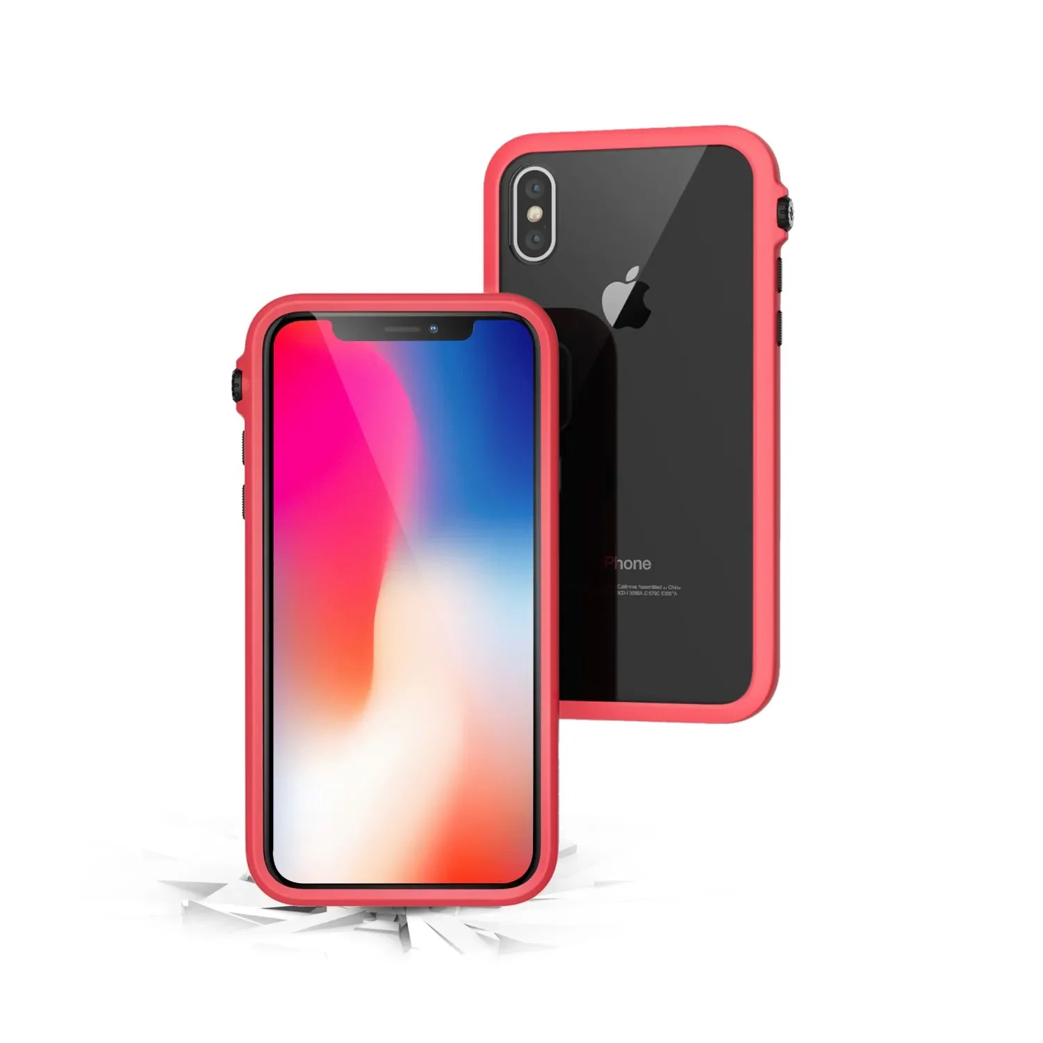 Two iPhone X/Xs devices are shown with Catalyst Case US Impact Protection Cases in red. One displays a colorful gradient screen, while the other shows a reflective black Apple logo. Both feature slim red bumpers for extra drop protection.