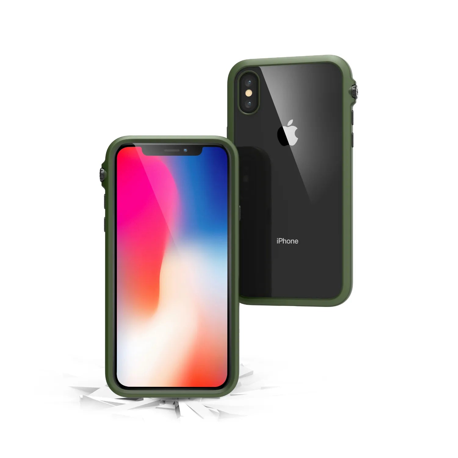 Two iPhones in Catalyst Case US Impact Protection Cases for iPhone X/Xs are shown: one upright on a cracked surface with a vivid screen, both featuring black backs, green bumpers, dual rear cameras, and MIL-STD 810G drop-proof protection.