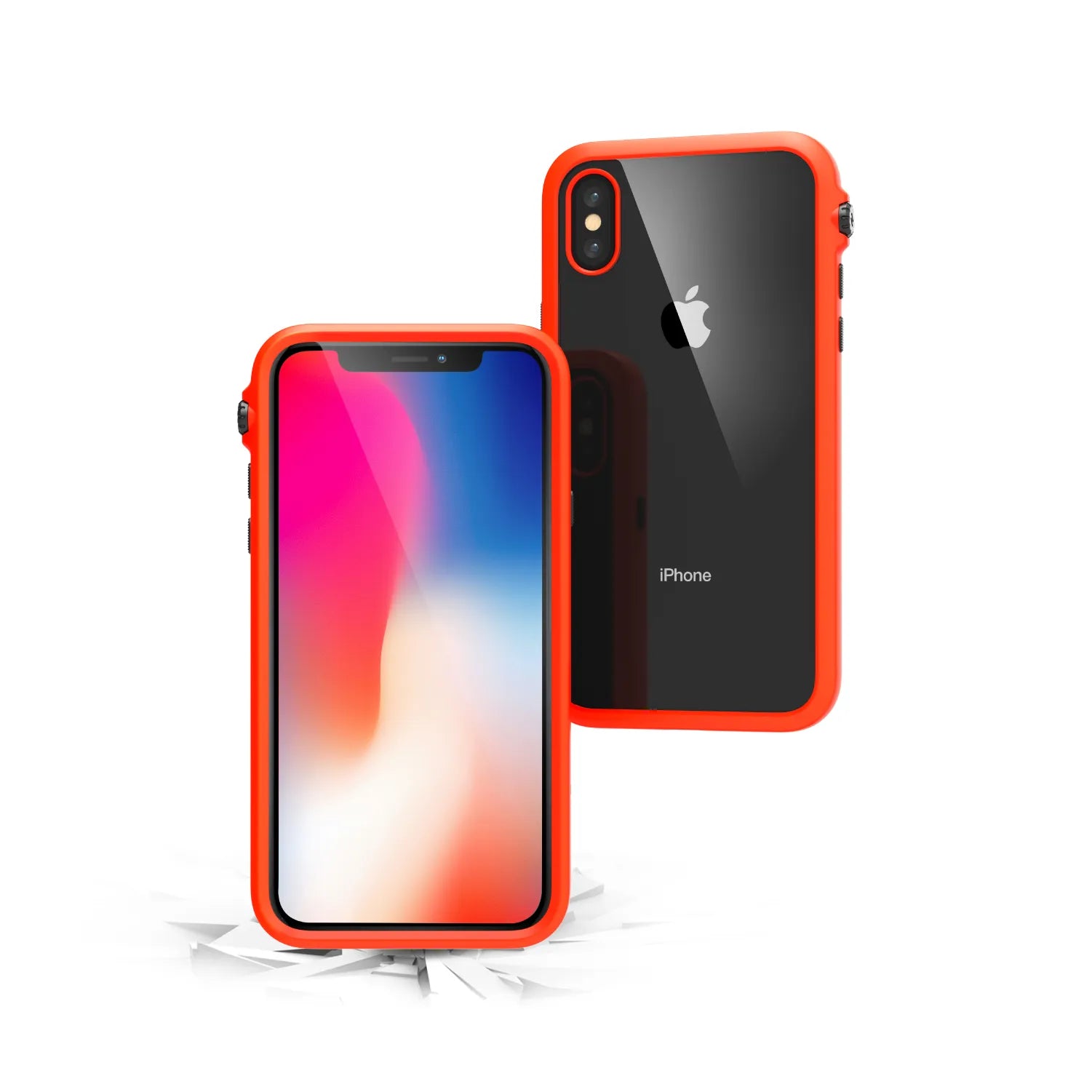 Two iPhones with orange Catalyst Case US Impact Protection Cases are shown. One displays a vivid screen, the other shows the cracked black rear with silver Apple logo and "iPhone" text. MIL-STD 810G drop proof protection is featured.