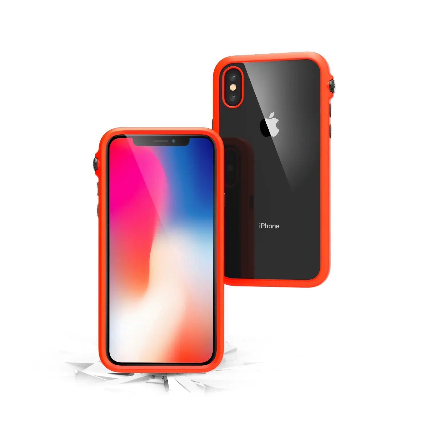 Two iPhones with orange Catalyst Case US Impact Protection Cases are shown. One displays a vivid screen, the other shows the cracked black rear with silver Apple logo and "iPhone" text. MIL-STD 810G drop proof protection is featured.