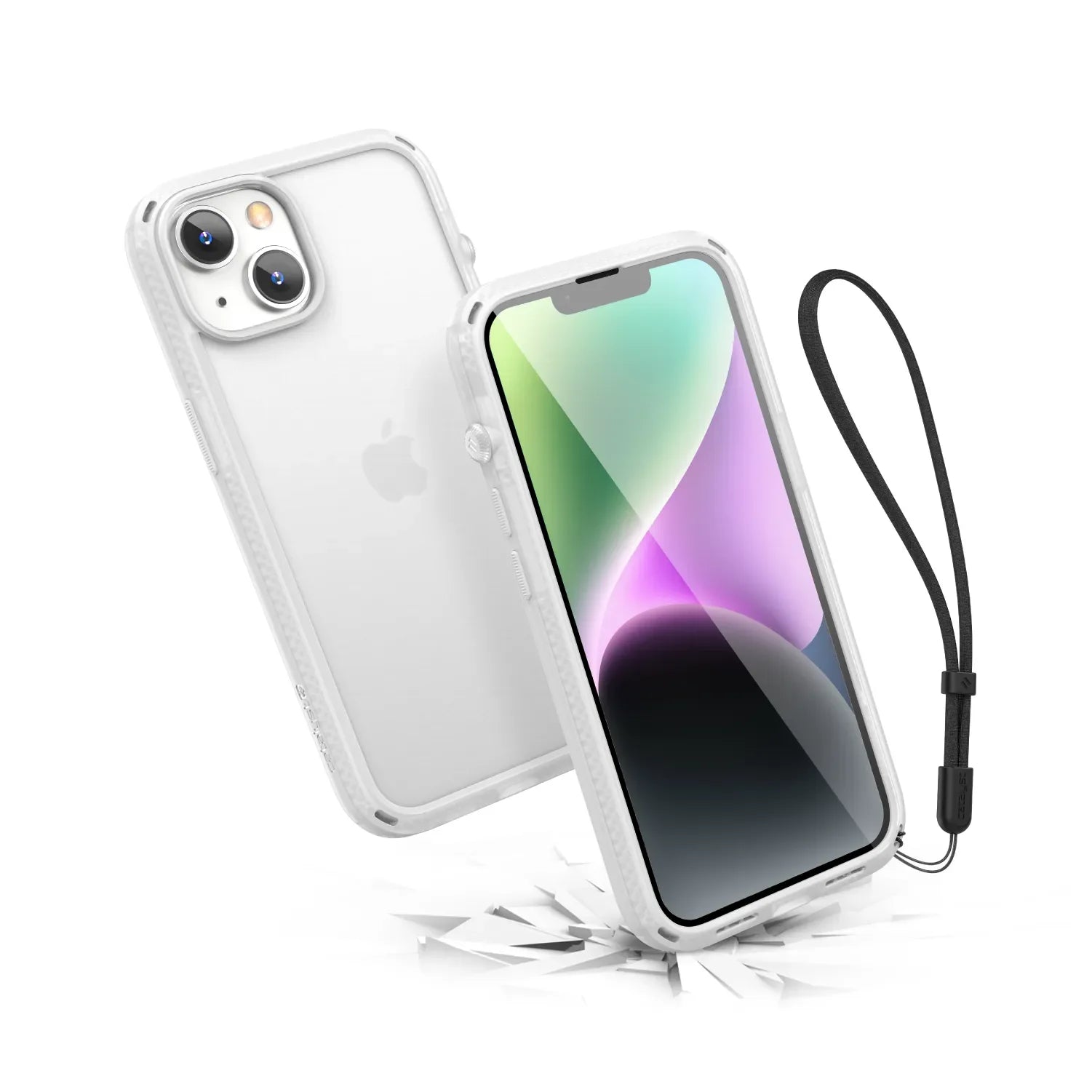 The Catalyst Case US Influence Case for iPhone 14 in Clear features a black wrist strap, MIL-STD 810G drop protection, a visible Apple logo, and supports wireless chargingâ€â€Âprotecting your phone while keeping it stylish and functional.