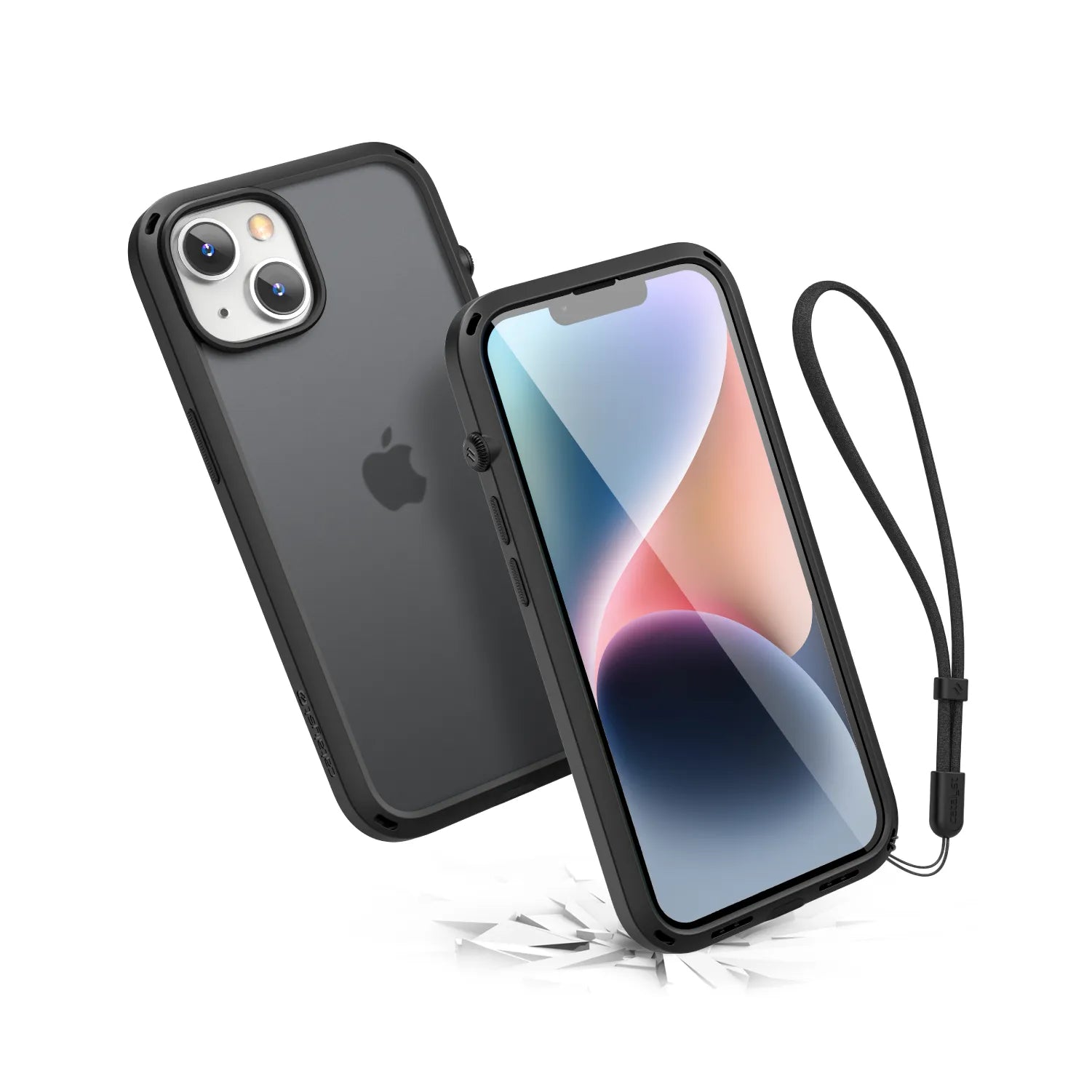 The Catalyst Case US Influence Case for iPhone 14 Plus in Stealth Black is a drop-proof case with a wrist strap, MIL-STD 810G reinforced corners, transparent back for the Apple logo, wireless charging support, and impact-resistant protection.